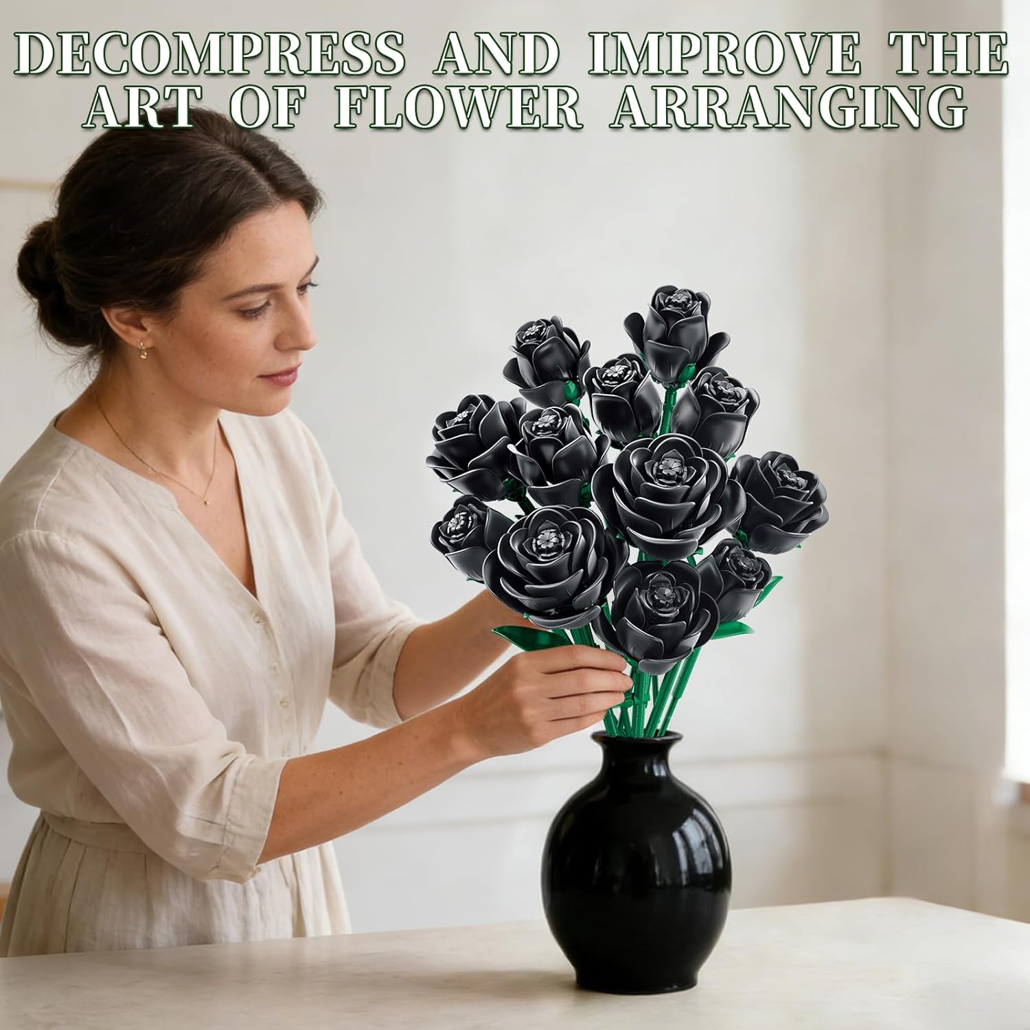 Black Rose Flower Building Blocks Bouquet 12 PCS Gothic Artificial Roses DIY Botanical Set Home Office Decor Gift for Women Adults Teens Valentines Day Mothers Day 512 PCS