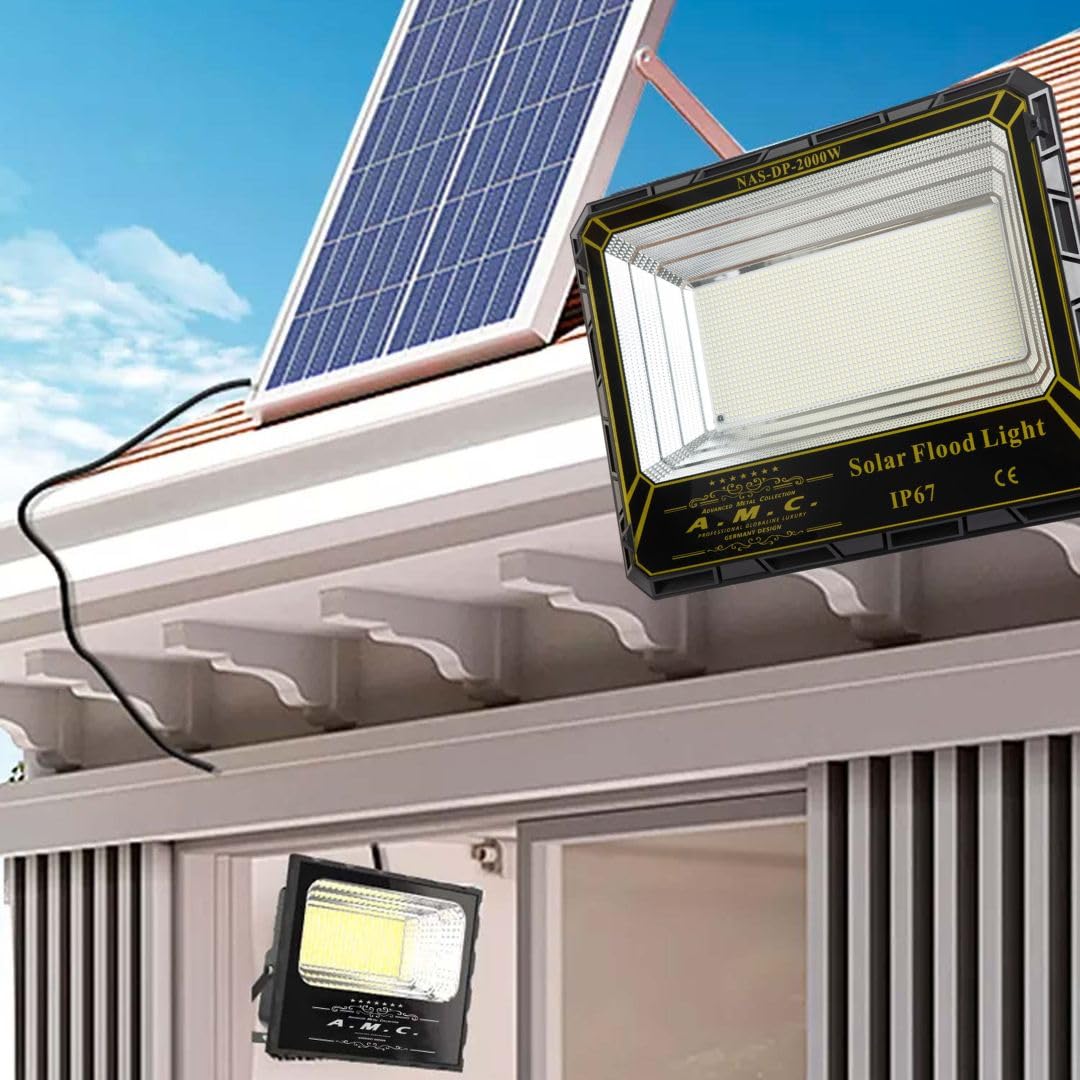 A.M.C. Faro Solare Led Esterno, Faro Solare 2000 Watt con Telecomando e Staffa, Sensore di Movimento e Crepuscolare, Luce Bianco Fredda, Impermeabile IP 67.