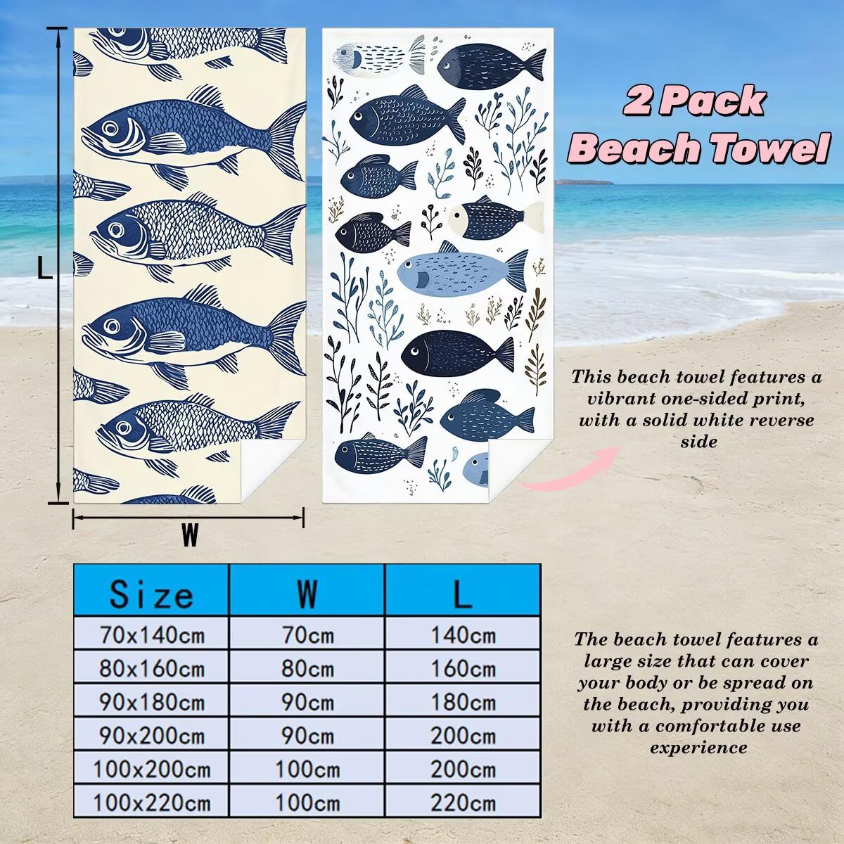 Ręcznik plażowy XXL, 100 x 200 cm, zestaw 2 szt., z mikrofibry, ręcznik plażowy w kształcie ryby, szybkoschnący, do sauny, fitness, bez piasku, ręcznik plażowy, do sauny, duży ręcznik kąpielowy