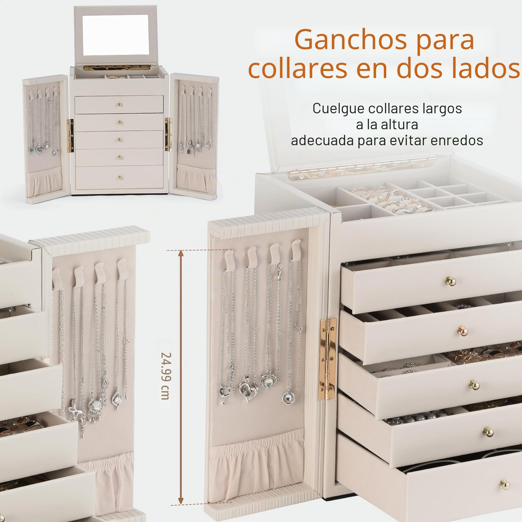 Dajasan Grande Joyeros Mujer Organizador, 6 Capas Organizador Joyas, Joyero Mujer con Espejo Para Navidad, San Valentín, Cumpleaños de la Madre, Año Nuevo (Beige)