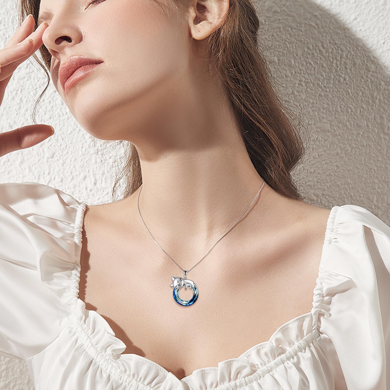 Vadmans Collana di Gatti in Argento Sterling Ciondolo di Gatti in Cristallo Blu Regali per Donne
