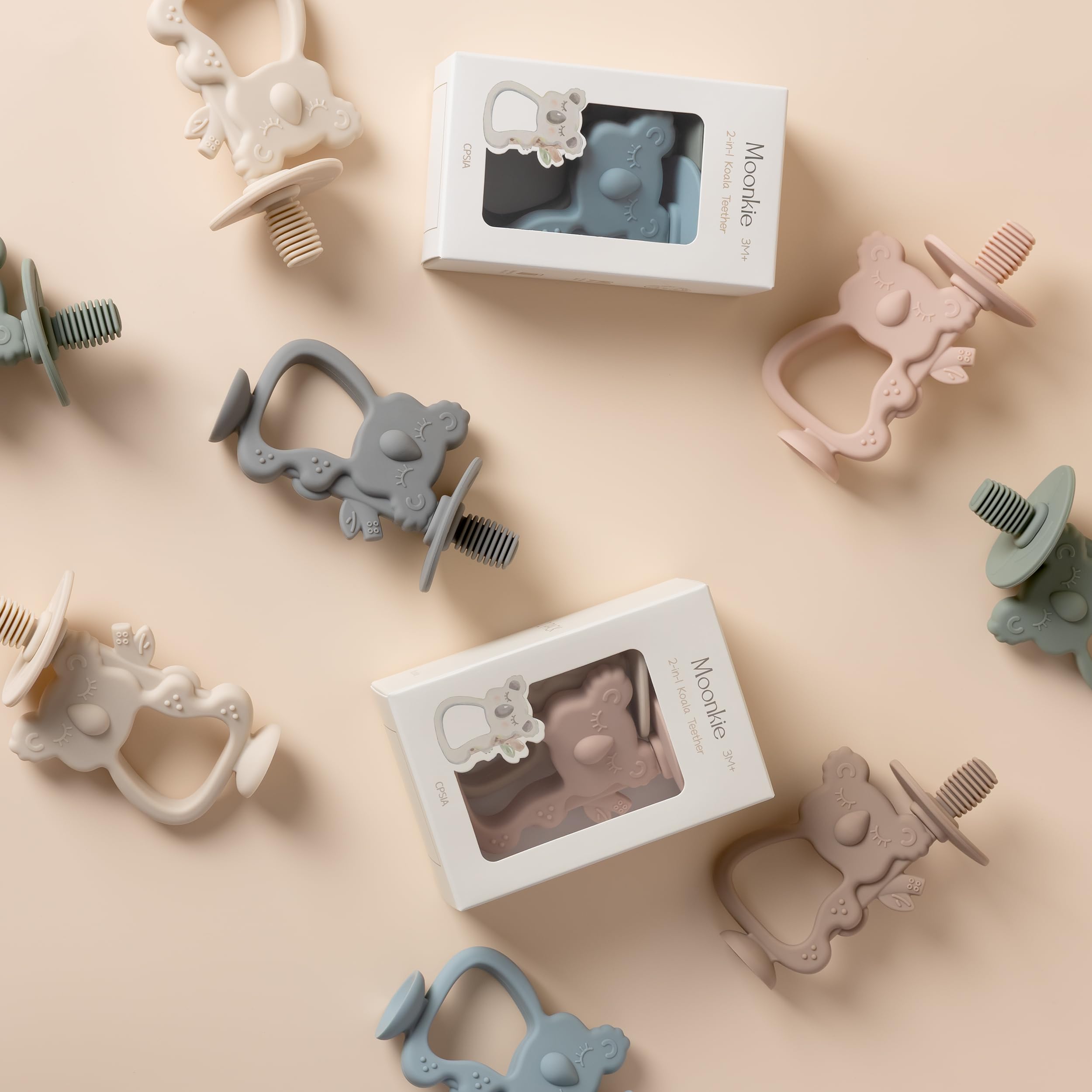 Moonkie Giocattolo per dentizione, sicuro e facile da tenere in mano, in silicone, senza BPA, spazzolino da denti a 360° con base a ventosa, giocattoli massaggiagengive, ideale per bambini da 6 a 12