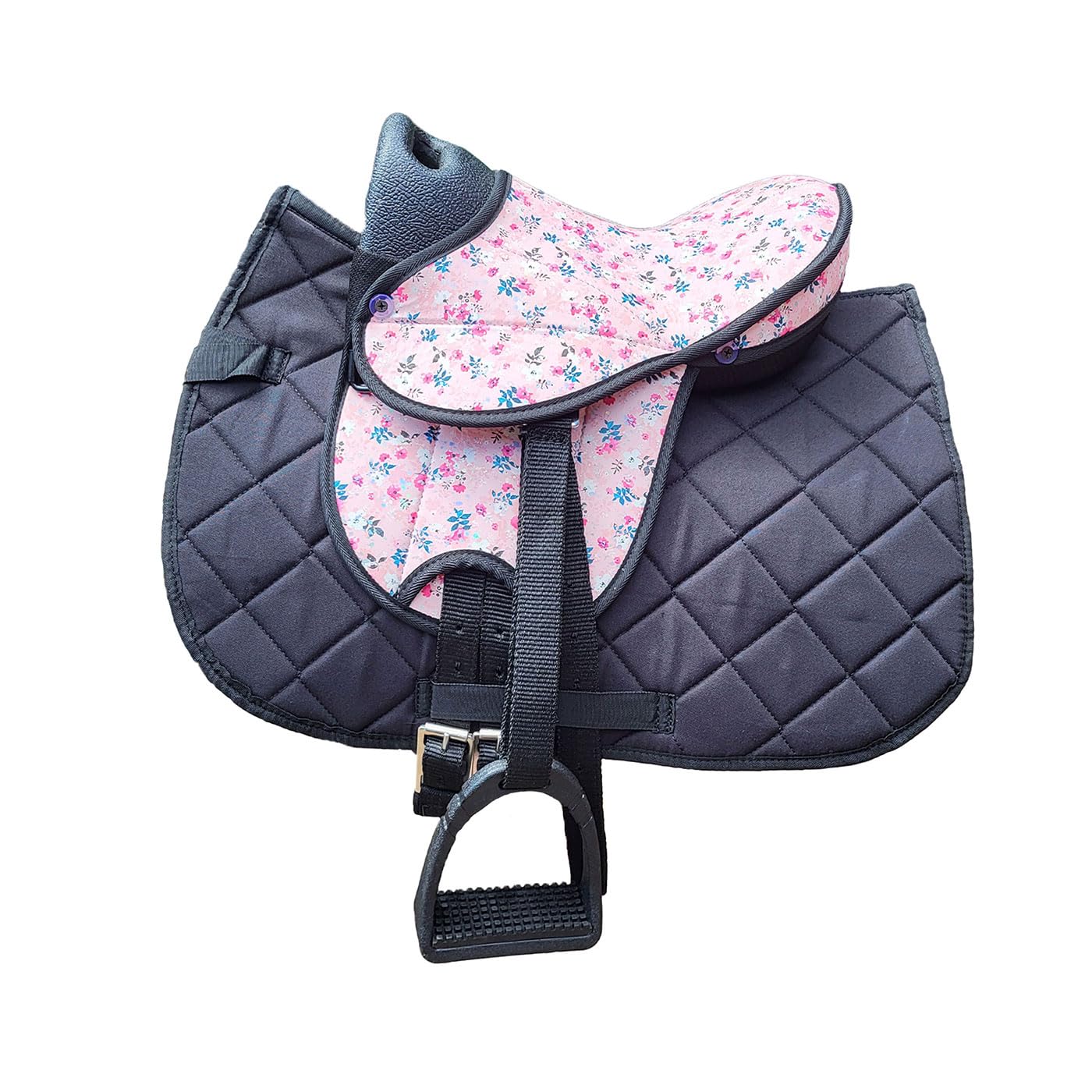 Brama West Kinder Shettysattel Set „My Happy Pony“ mit passenden Kinder-Reitstiefeln | Holzpferdsattel inkl. Satteldecke, Gurt & Steigbügel | Rosa Blumenmuster (SattelFlower/Decke Schwarz, 32)