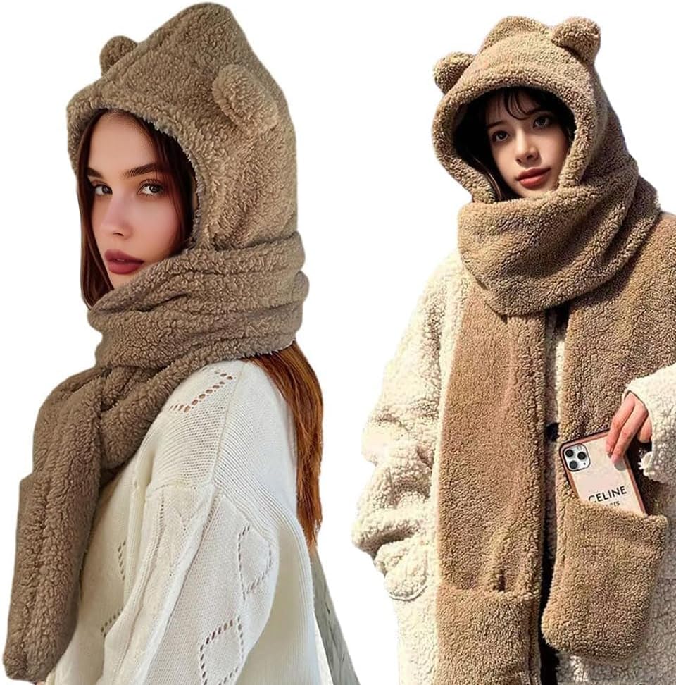 Women Cute Bear Hooded Hat Scarf Gloves Set 3-in-1 Earflap Animal Hat Plush Warm Hooded Scarf with Mittens image 5