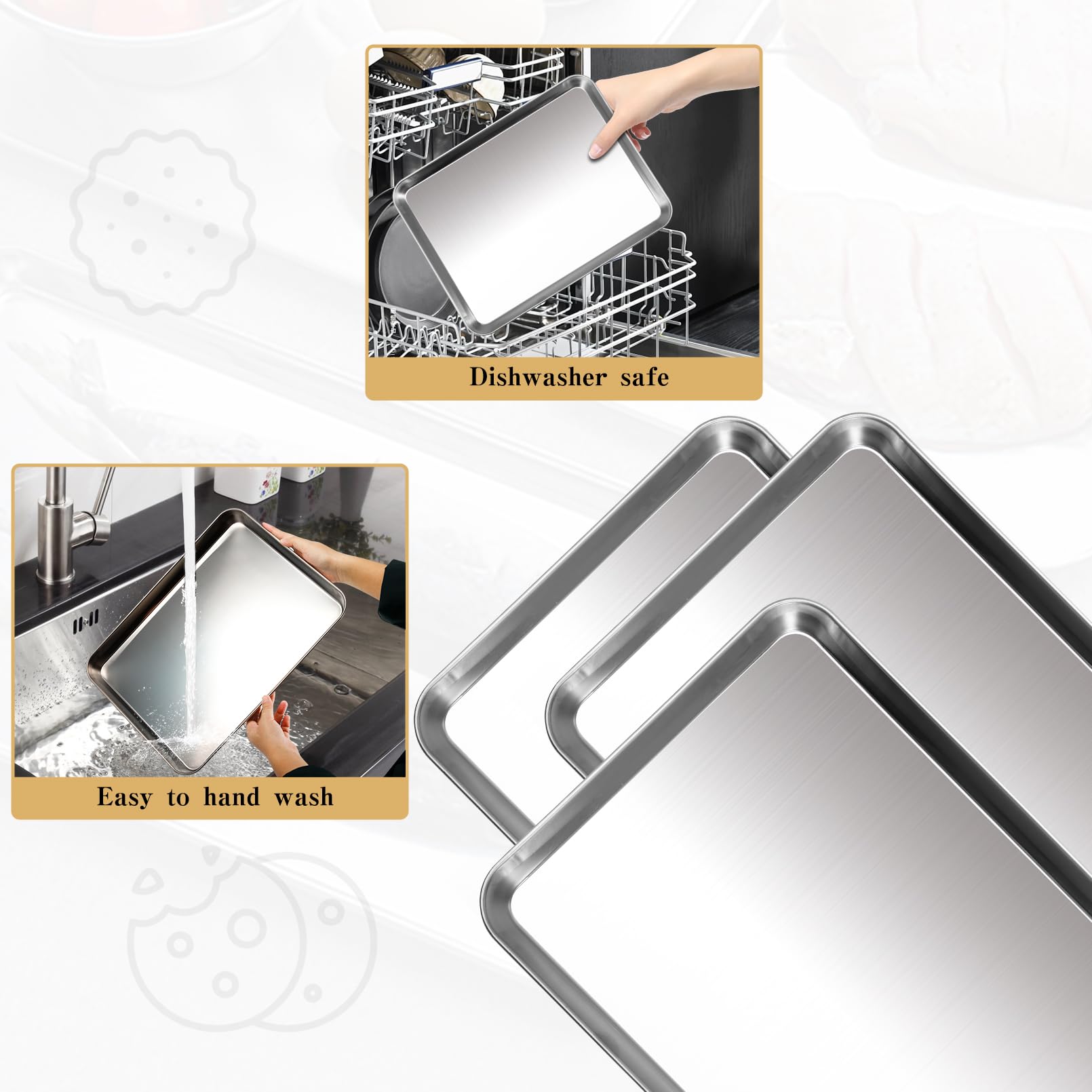 6 bandejas para hornear, de acero inoxidable, bandeja de metal para horno, bandeja comercial para horno, acabado de espejo, fácil de limpiar y apta para lavavajillas, (16 x 12 x 1 pulgadas)