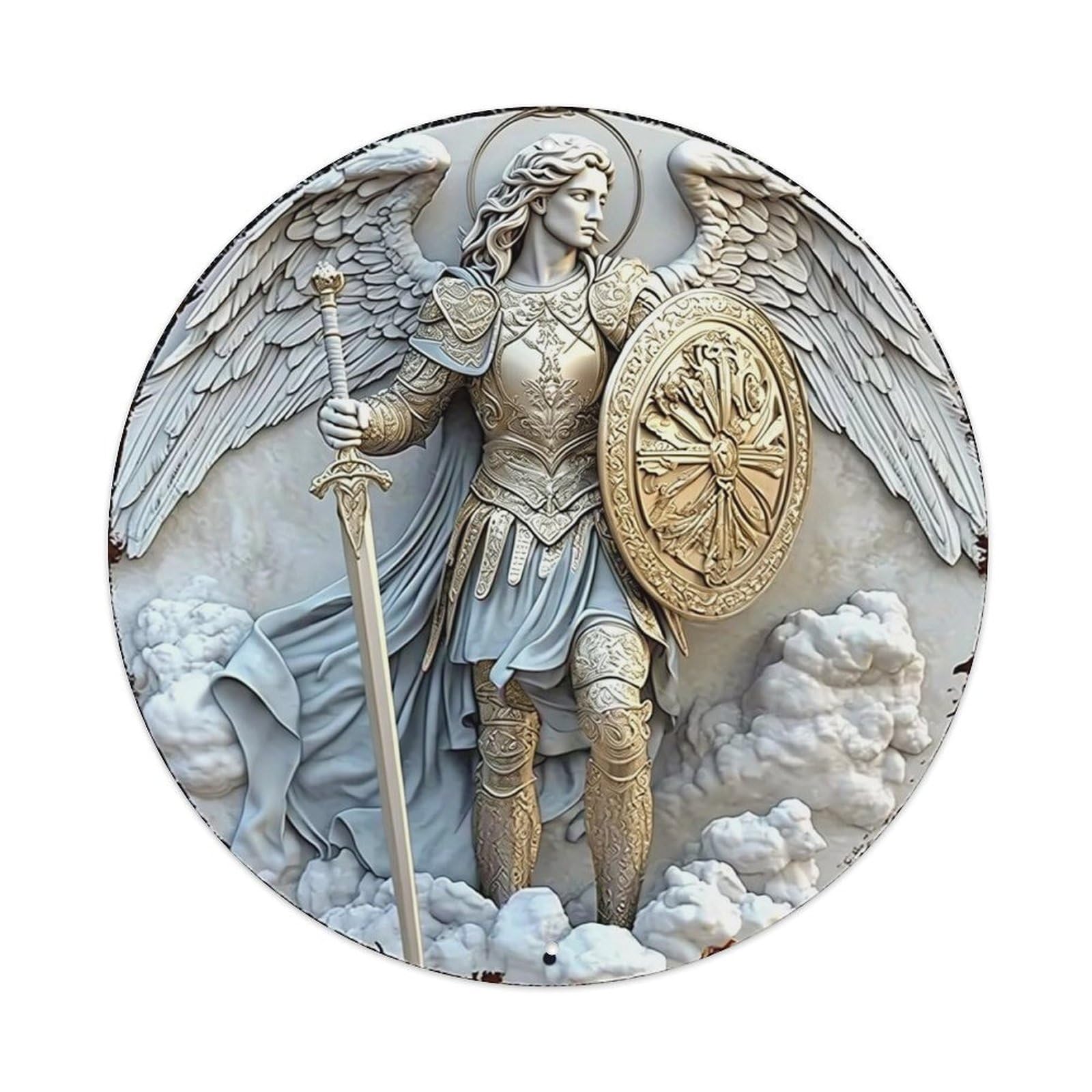 Angelic Warrior With Sword Shield Vintage Metal Tin Sign Retro Wall Decor for Home Bar Garage Cafe, Indoor & Outdoor Decorative，circle Metal Poster, 8x8 Inch