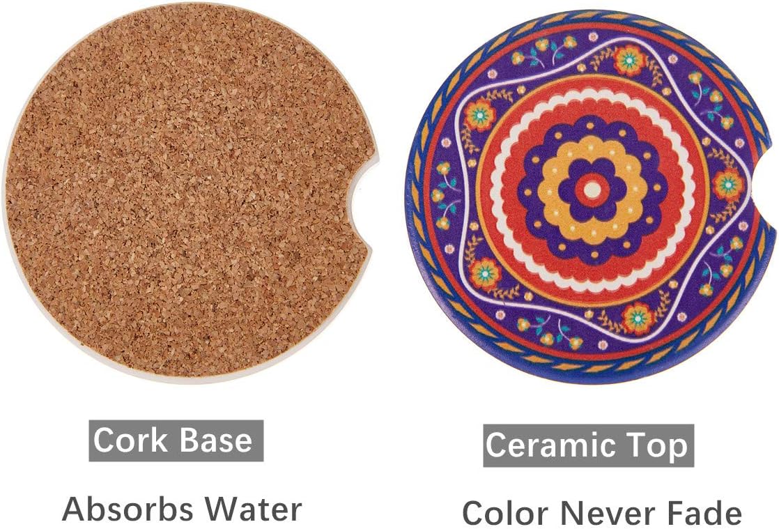 4 Pack Car Cup Holder Coasters,2.56 inch Absorbent Mandala Ceramic Car Insert Coasters with Fingertip Grip for Easy Removal,Keeps Vehicle Cup Holders Clean Off Cold Drink Spills and Condensation