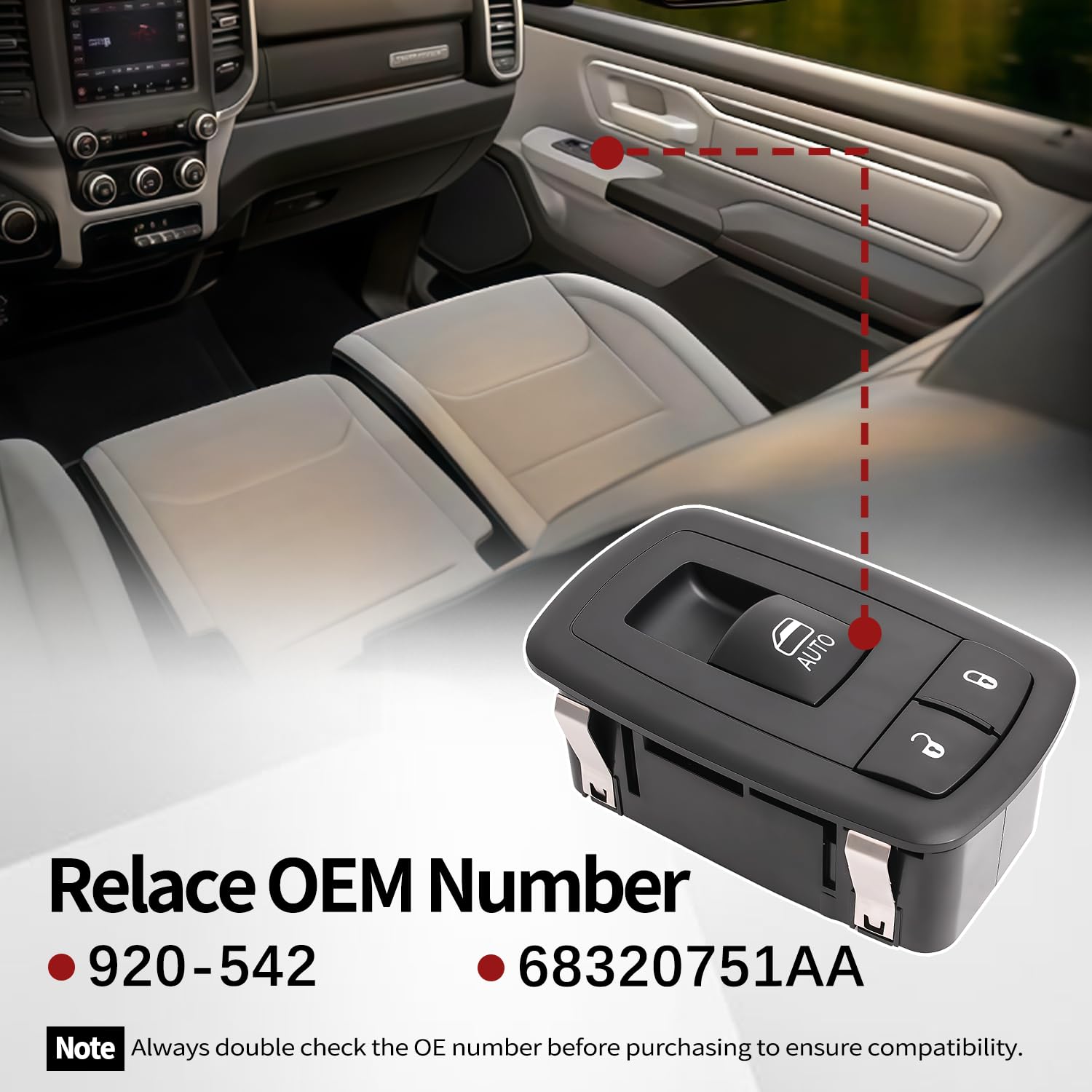 Passenger Side Power Window Switch Bezel Compatible with Dodge RAM 1500 2019-2024 Right Front Door Switch Replaces 68320751AA 920-542