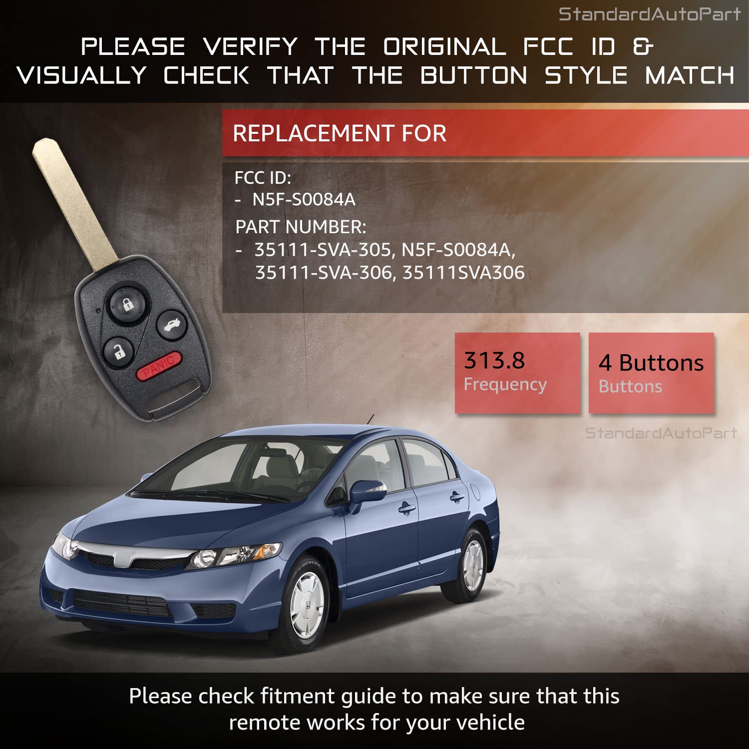 StandardAutoPart Chiave di ricambio per telecomando auto Civic 2006 2007 2008 2009 2010 2011, 4 pulsanti fob N5F-S0084A