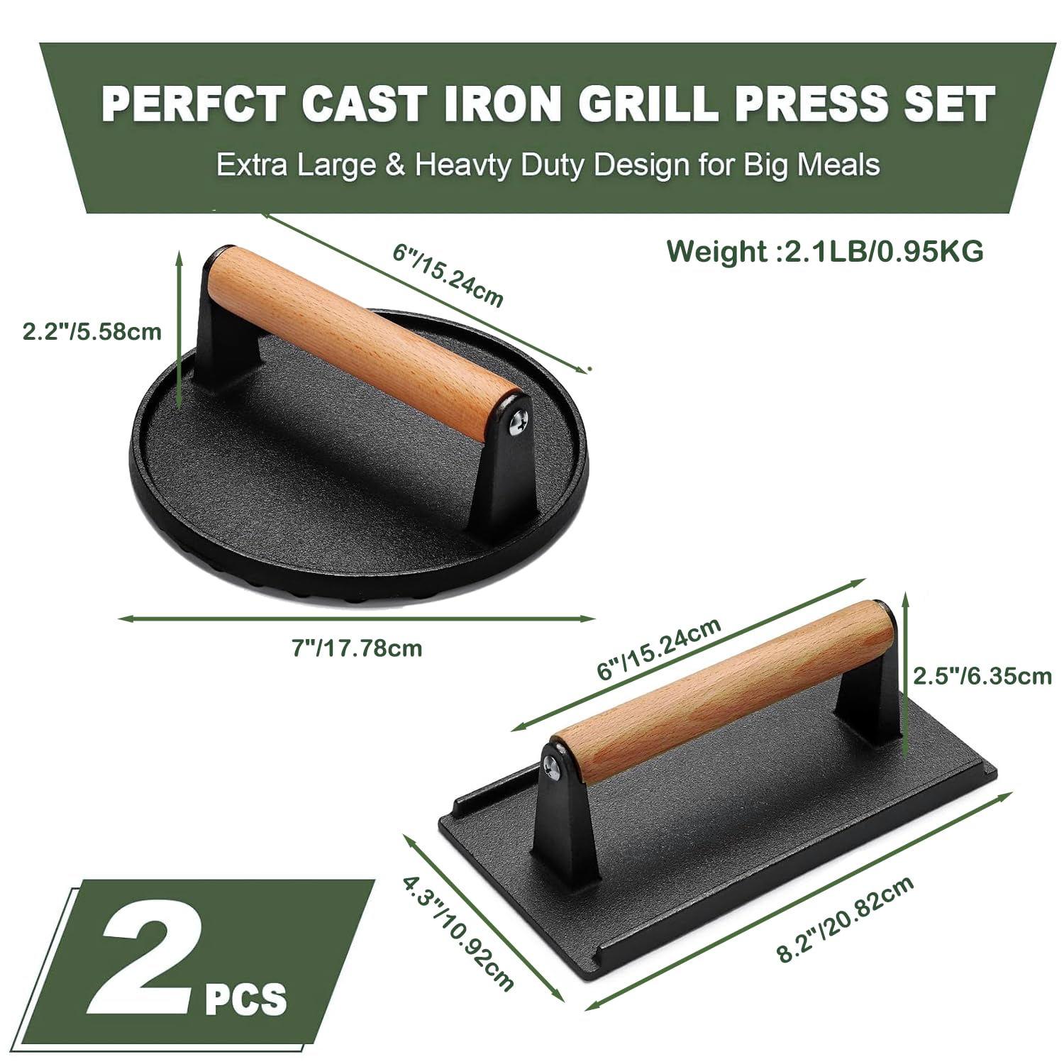 Ensemble de Presse à Burger en Fonte Polyvalent - Forme Ronde & Rectangulaire pour Écraser la Viande avec Poignées en Bois pour Planchas, Sandwichs, et Plus Encore