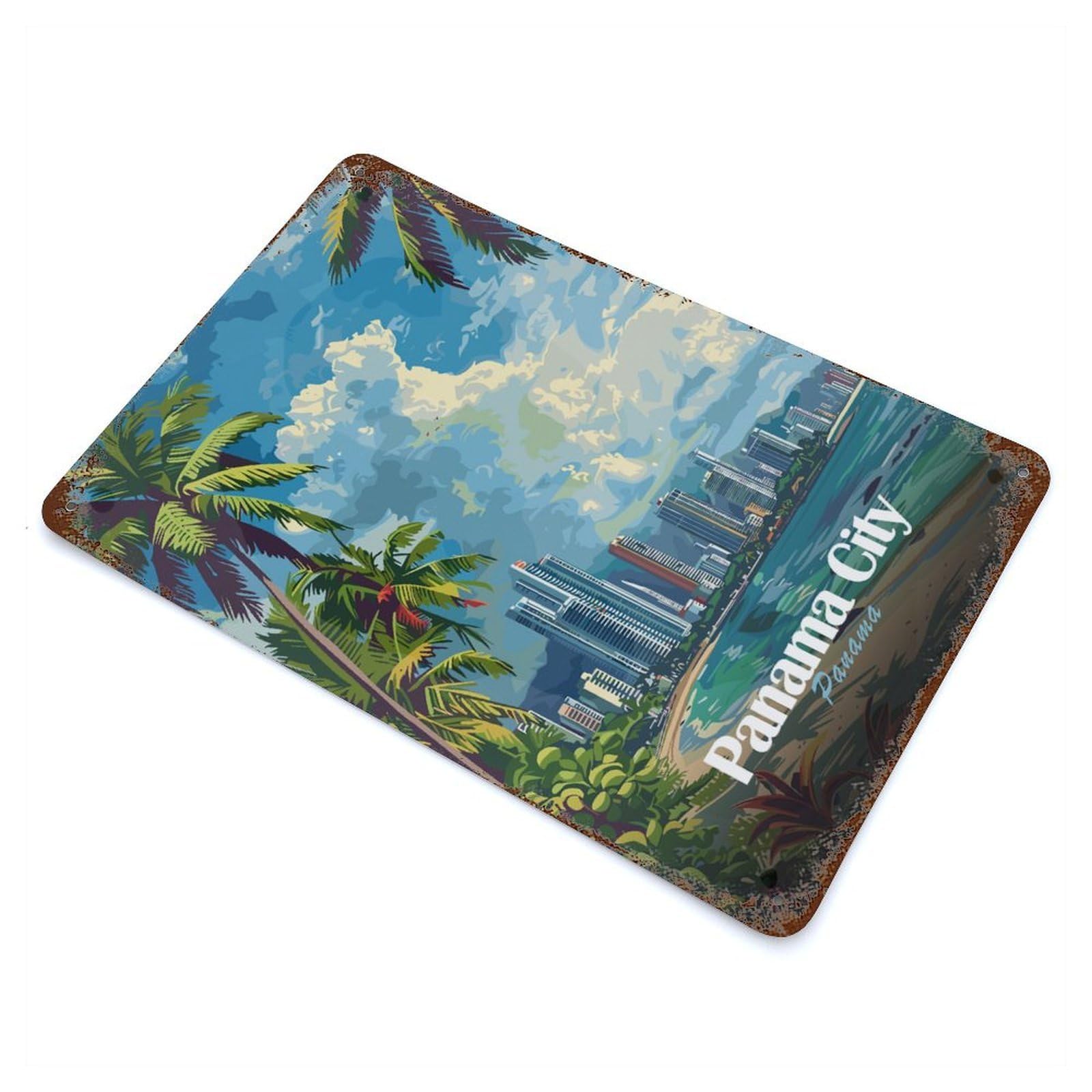 Panama City Skyline Weathered Tin Sign 11.8"x7.9", Ideal for Basement, Hobby Room And Garage Decor