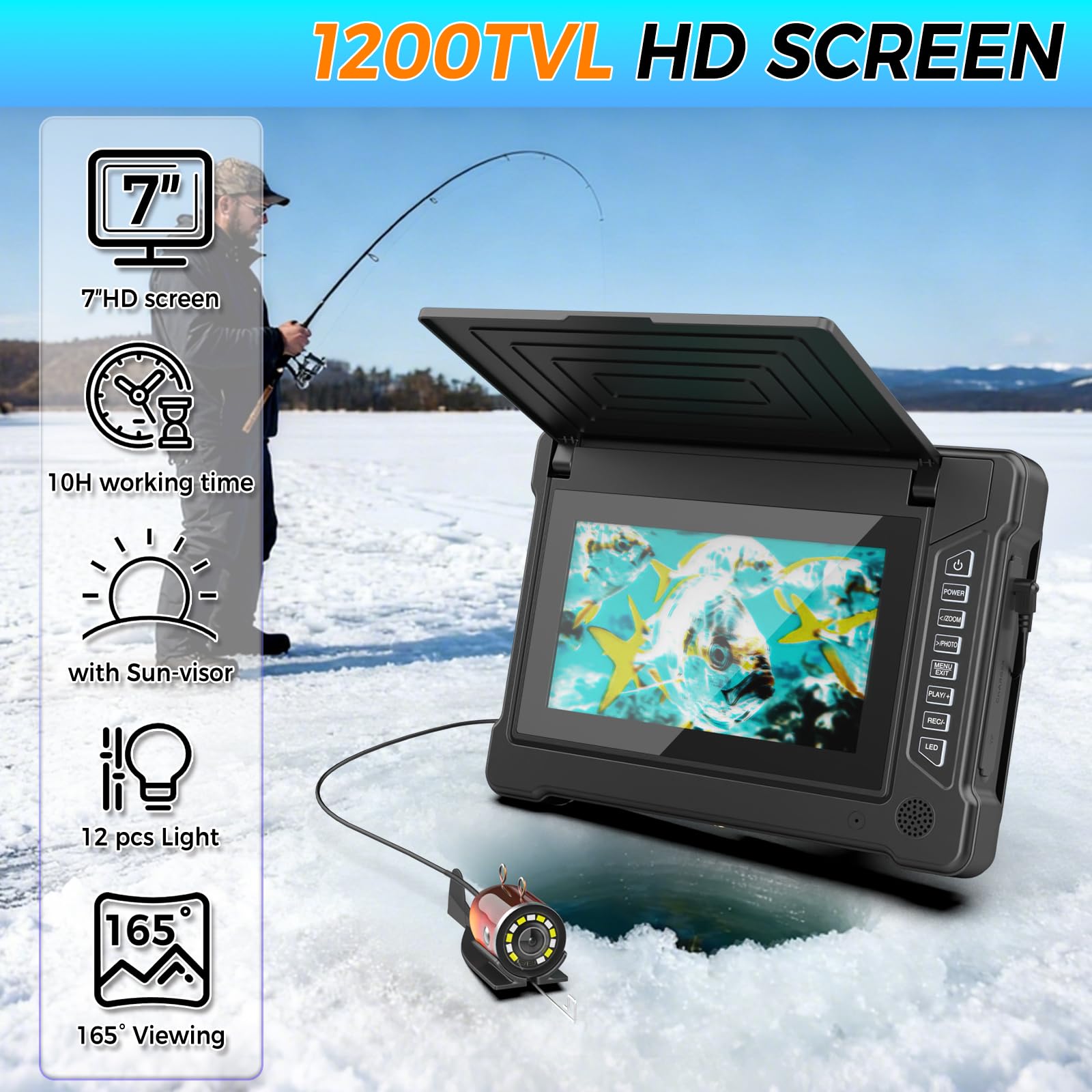 Cámara de pesca subacuática con monitor LCD de 7 pulgadas, cámara portátil para peces con luz, 12 piezas y cable de 30 m, resistente al agua IP68 para pesca en hielo, lago, mar, barco, kayak