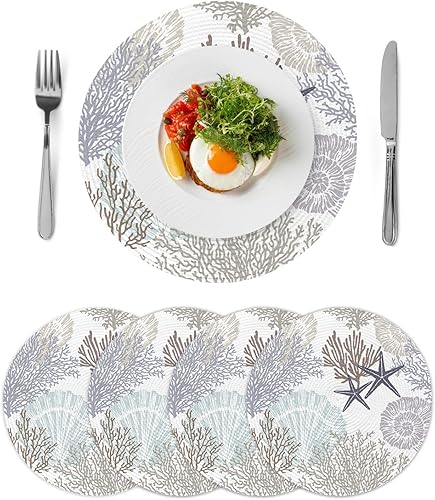 Miniatura 8 de Juego de 4 manteles individuales redondos náuticos, costeros, coral, océano, lavable, tejido, con temática de playa, círculo, trenzado, resistente