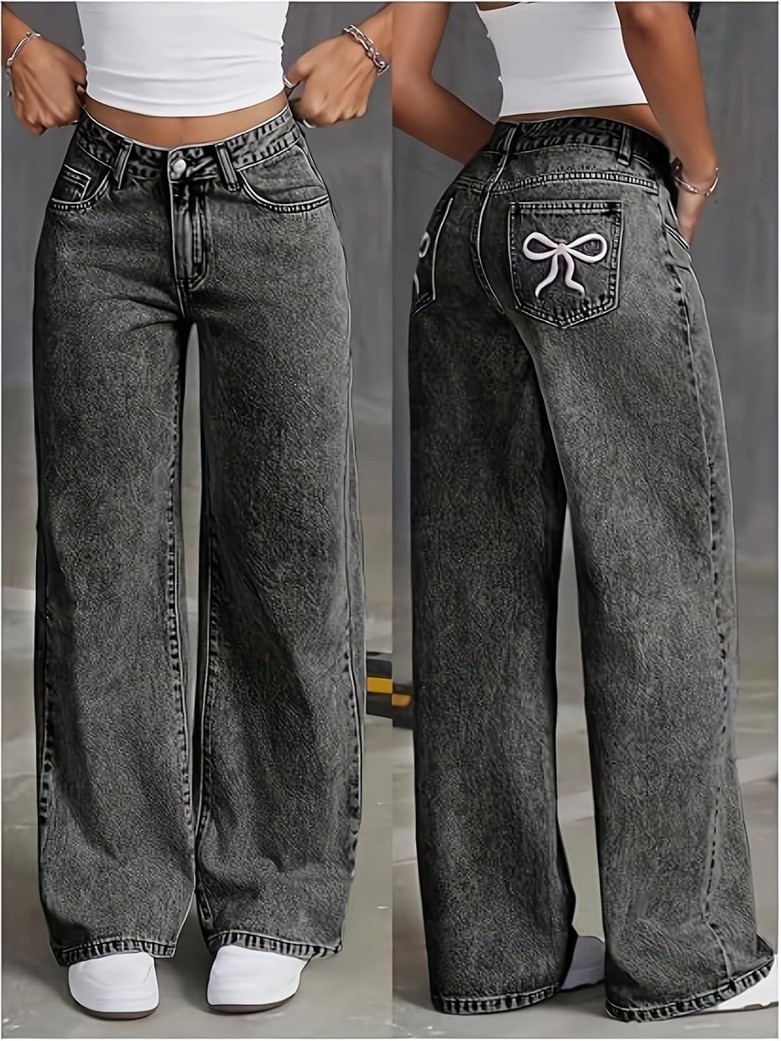Girls Wide Leg Jeans Kids High Waisted Baggy Jeans Elastic Waist Denim Pants Cute Heart Denim Trousers with Pockets