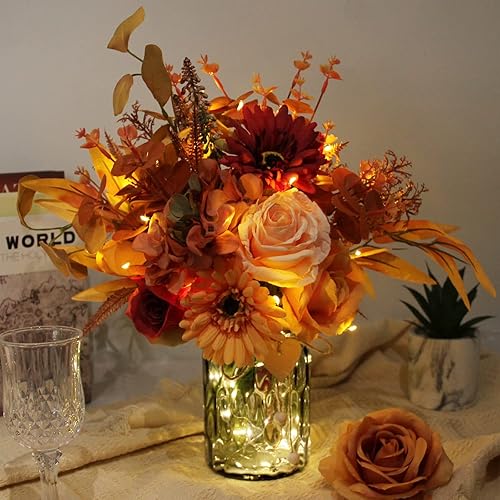 Miniatura 4 de Flores artificiales en jarrón, flores sintéticas con jarrón, arreglos de rosas naranjas de otoño de seda para decoración del hogar en interiores,