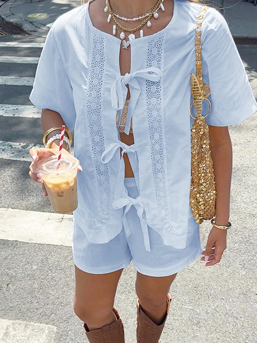 Womens Summer Pajama Sets 2 Piece Outfits Short Sleeve Tie Front Top and Shorts Cotton Lounge Set - Image 2