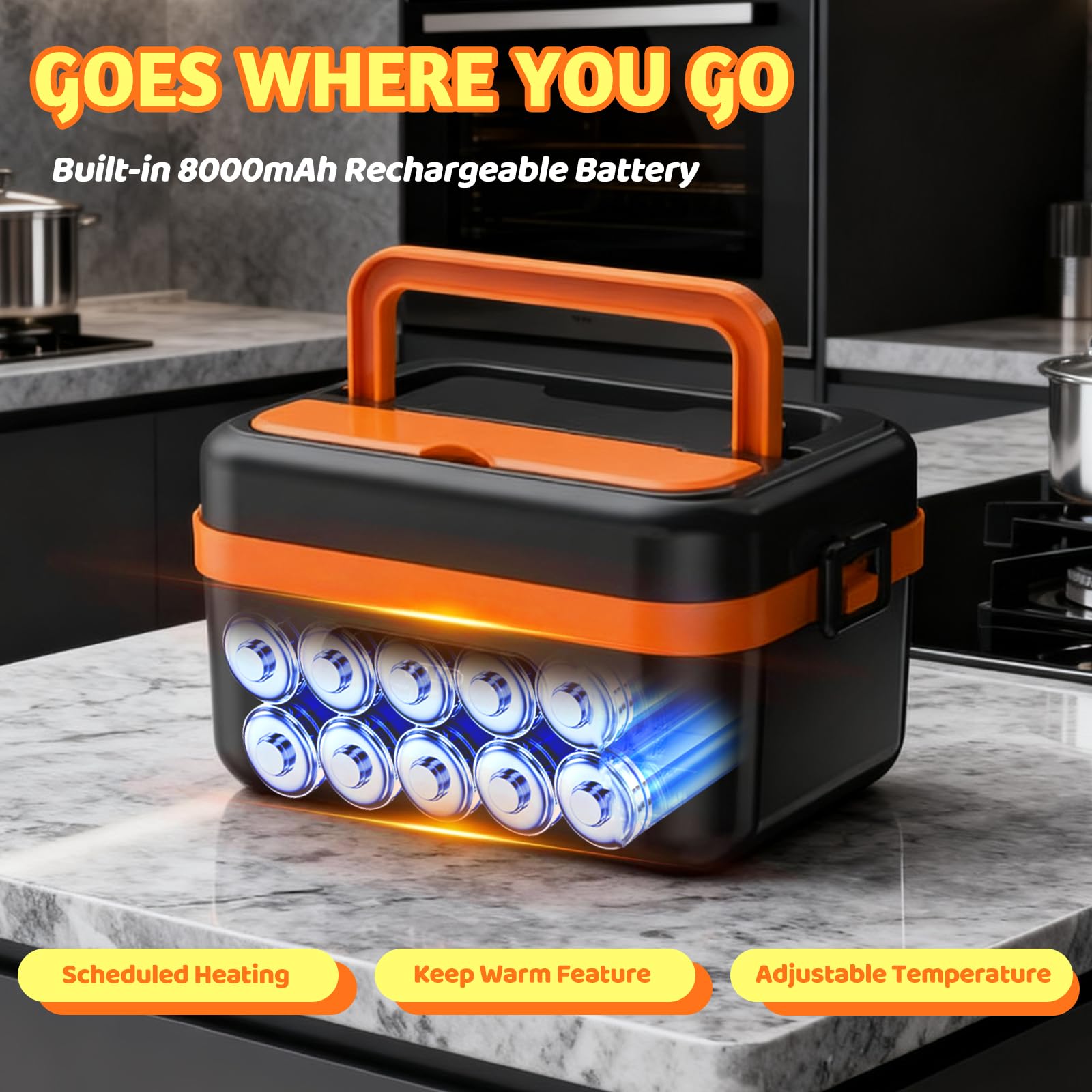 Lonchera eléctrica para alimentos, lonchera recargable para adultos, lonchera inalámbrica con autocalentamiento de 1 litro, contenedor interior extraíble de acero inoxidable 304, calentador de