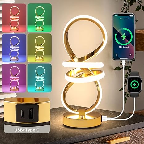 EIDISUNY RGB Spiral Table Lamp, Modern LED Table Lamp, Chrome Cool Bedside Lamps, 7 Colors & 10 Light Modes Touch Dimmable LED Nightstand Lamp with USB/Type C for Bedroom, Living Room, Gold