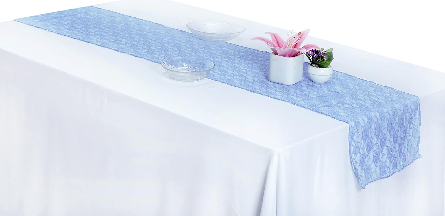 MDS Pack of 15 Wedding 12 x 108 inches Lace Table Runner for Wedding, Decorations for Birthday Parties, Banquets, Graduations, Engagements, and Runners fit Rectangle Round Table - Baby Blue