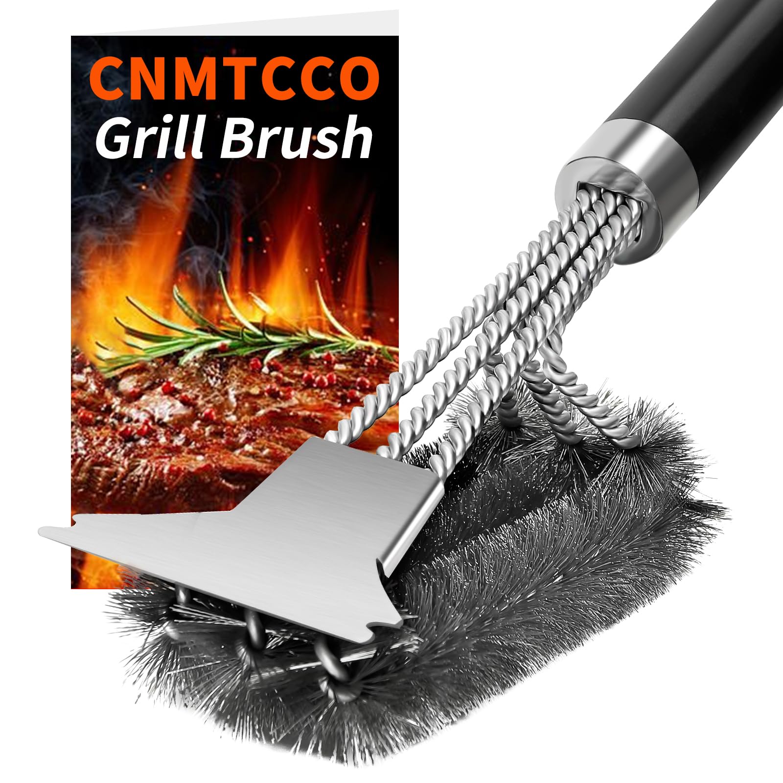 Grillbürste,CNMTCCO 3-in-1Edelstahl Bürste Grill,Ausgestattet mit Einer extra Langen Reinigungsbürste,Abstreifer und PP Wärmedämmung Griff für Gasgrill,Holzkohlegrill,Kugelgrill und Grillrost