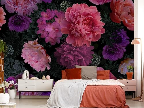 Papel pintado de flores 3D, rosas rojas y moradas sobre fondo floral. Ideal para sofá, dormitorio, oficina, sala de estar, cocina y decoración de