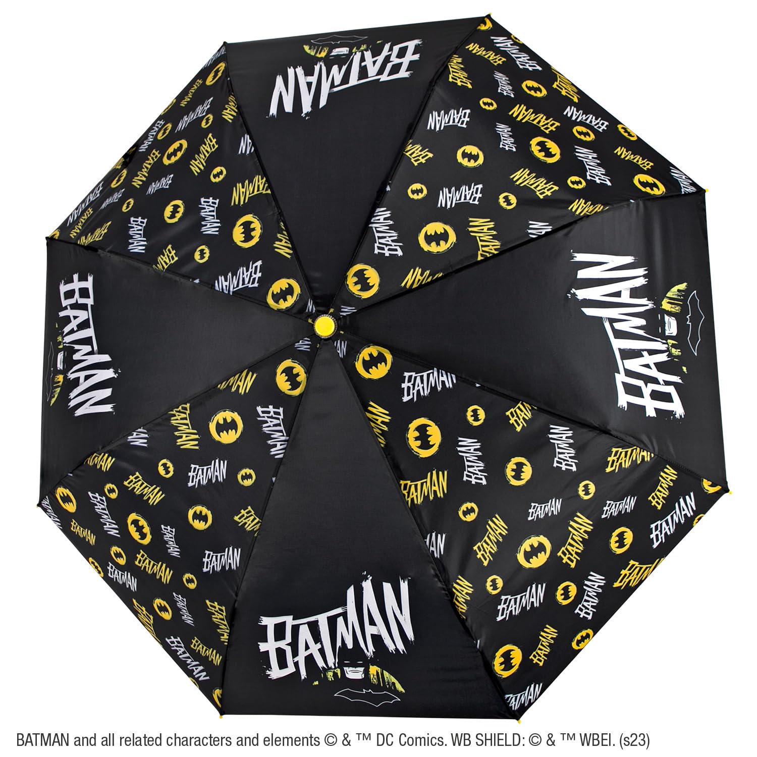 PERLETTI Batman Kompaktowa Parasolka dla Dzieci Solidny Czarny Biały Żółty - Mini Parasol Składany Wiatroodporny Podróżny Kieszonkowy Odporny do Szkoła - Manualny System Otwierania - Średnica 91 cm