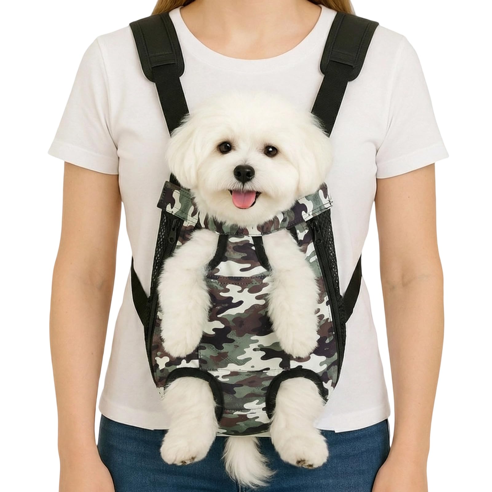 Photo 1 of Dog Backpack Carrier, Front Pocket for Essentials, Legs Out Carrying Sling Travel Bag for Small Medium Dogs 2.5-4 Lbs, Soft Wearable Puppy Chest Carry Backpacks for Walking/Hiking/Camping/Traveling