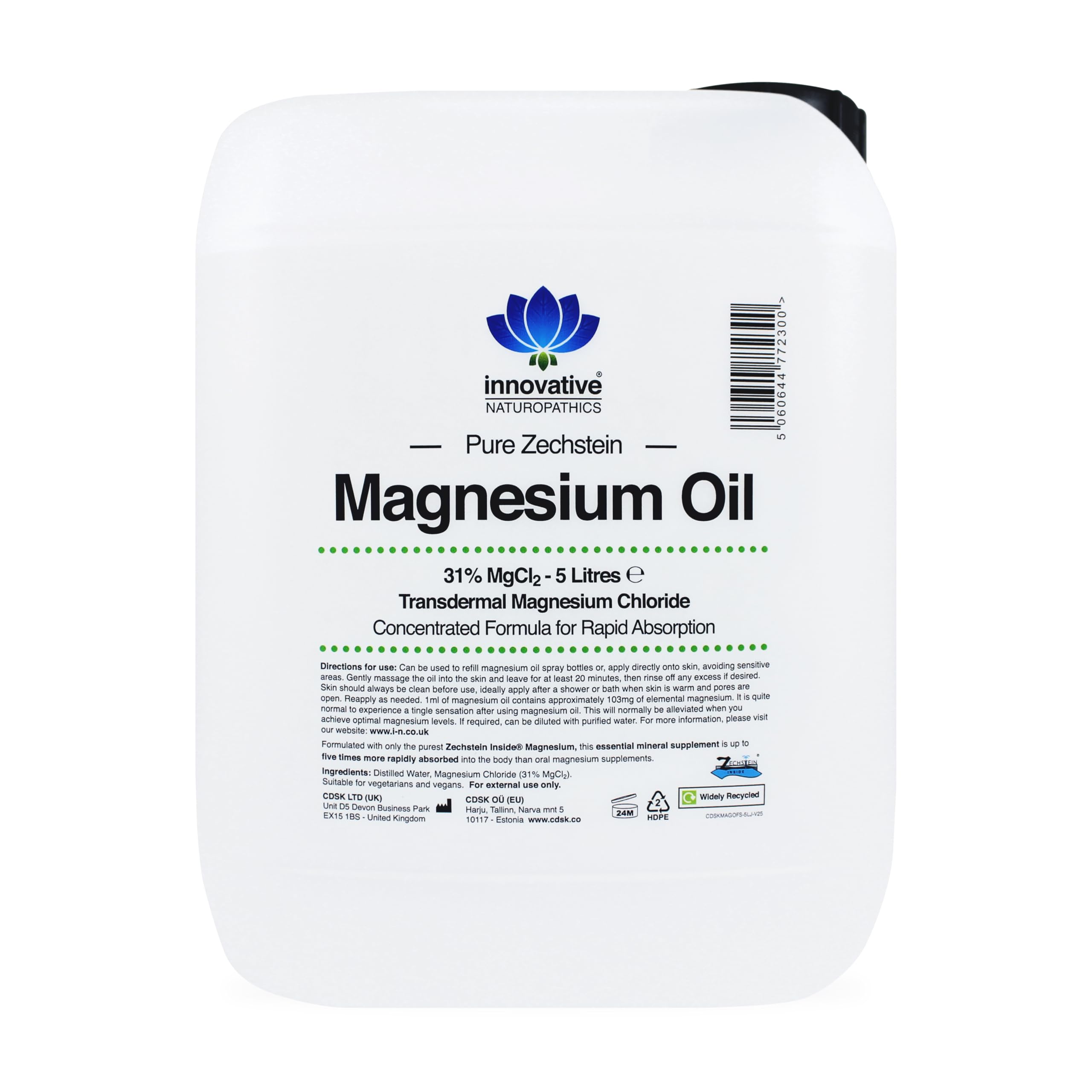 Olio di magnesio, puro cloruro di magnesio, fonte antica Zechstein (olio di magnesio puro, 5 litri)