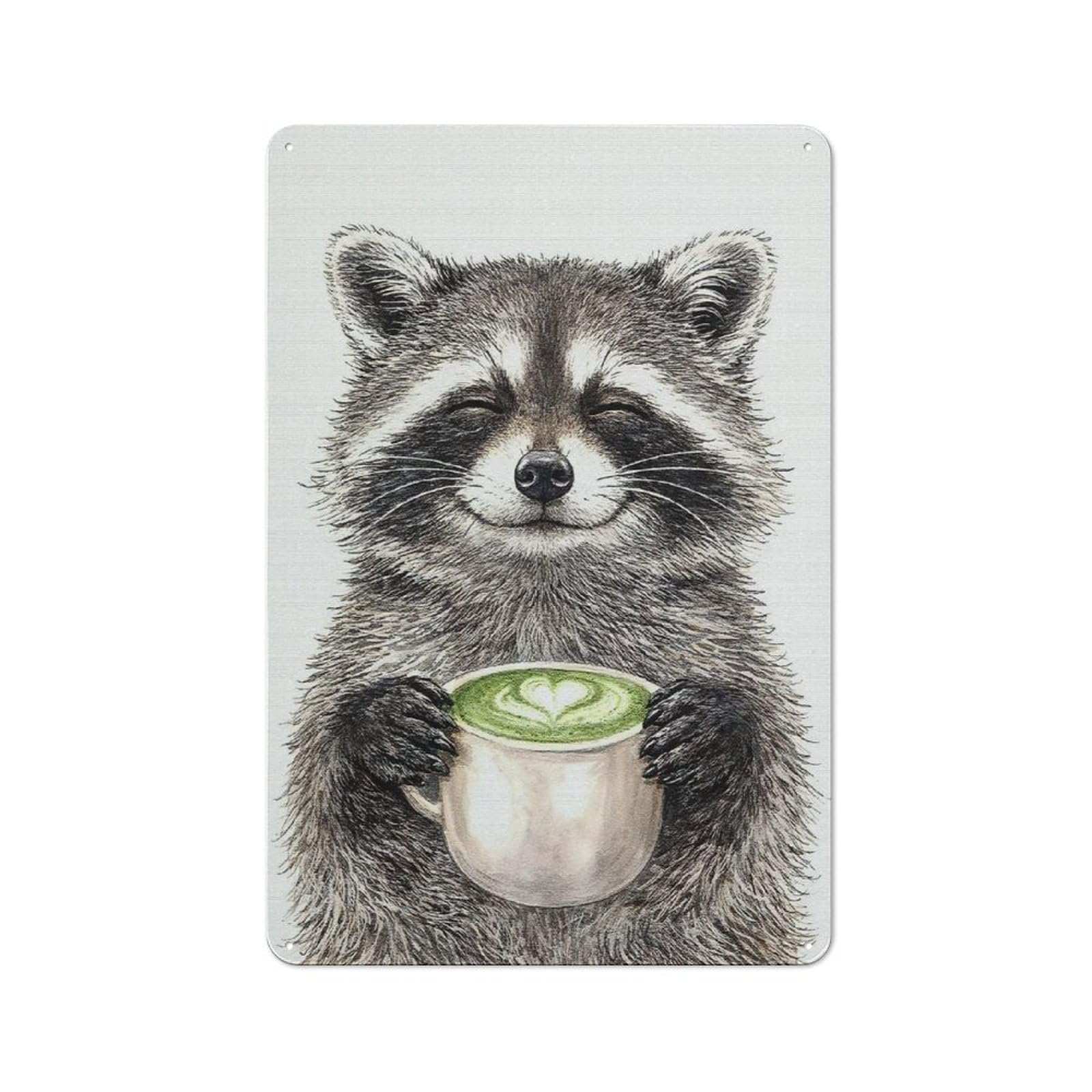 Junmoney Style-23 Cute Raccoon Holding Matcha Latte Rustic Metal Wall Decor 30X20cm, Decorative Metal Plaque For Shed, Garden Room, Porch Or Garage