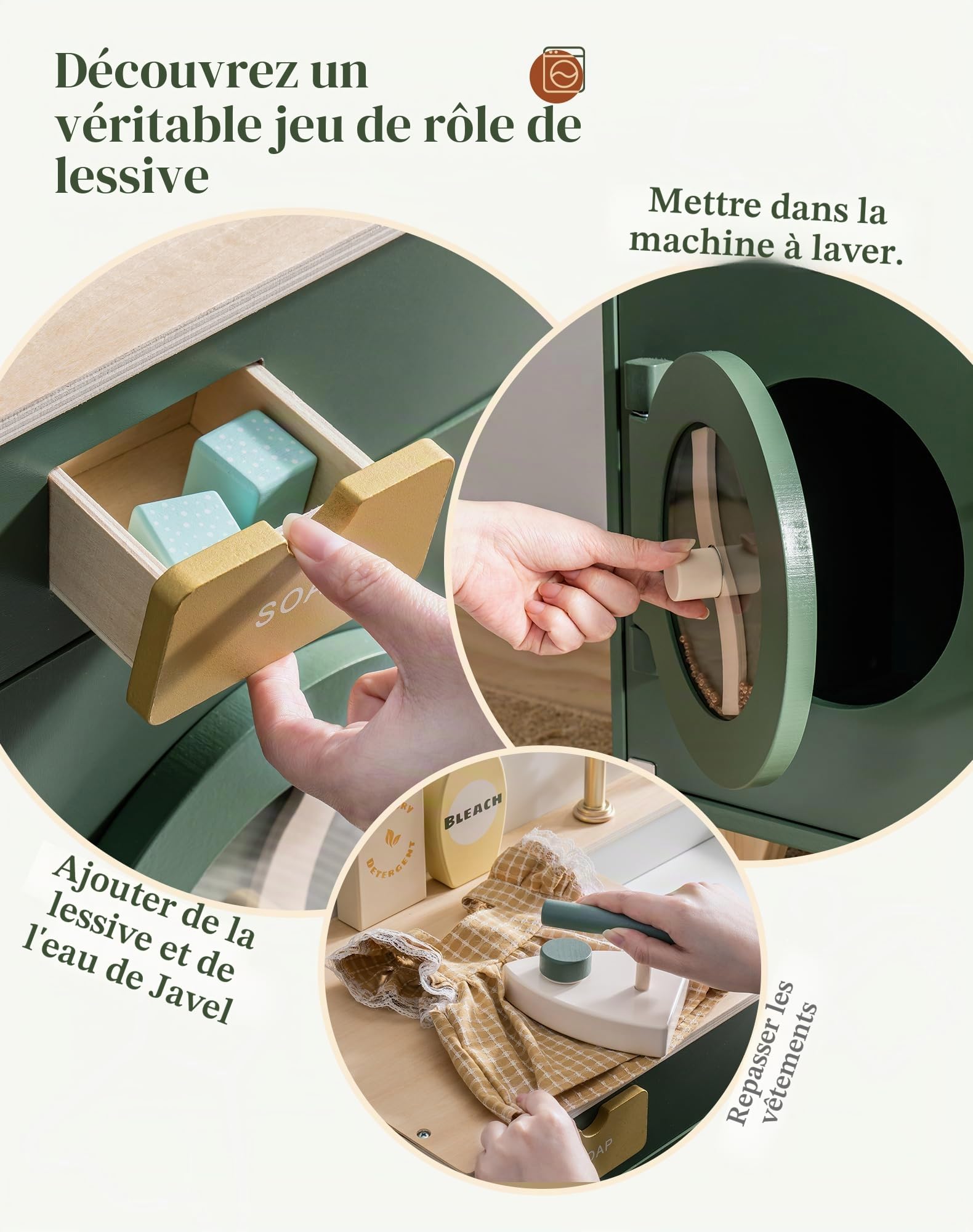 Robud Cuisine Enfant en Bois Accessoires - Machine a Laver Enfant Jouet - De Cuisine pour Enfants - Jeu De Rôle en Bois - avec Accessoires - Cadeau pour Enfants