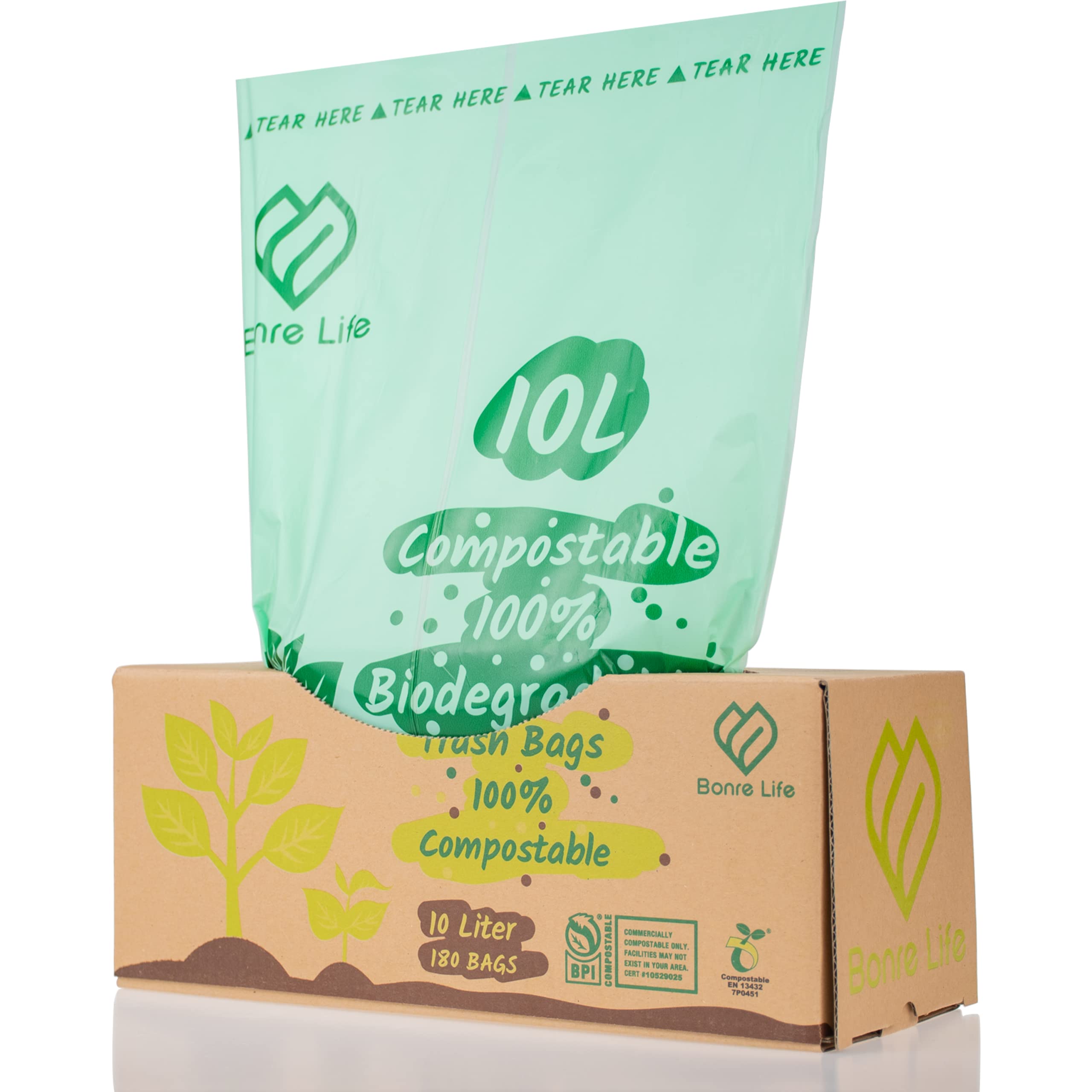 Bonre Life10L-180 Bags Compostable Caddy Liners, 100% Leak-proof Biodegradable Bin Liners Kitchen Food Waste Bags with EN13432 & ASTM D6400 BPI