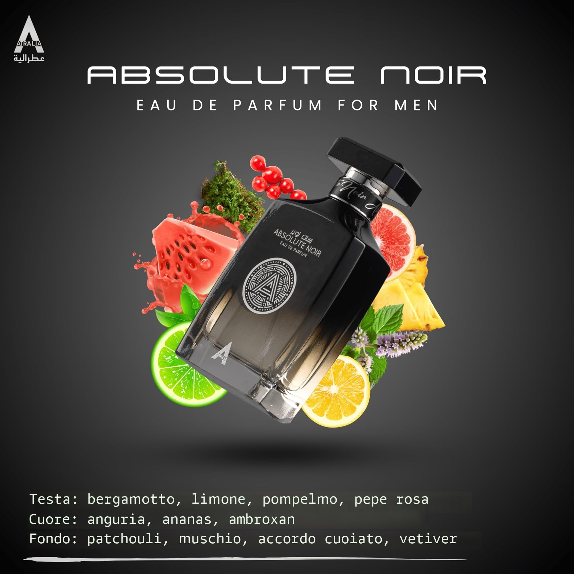 Atralia Absolute Noir Eau De Parfum Uomo 100 Ml 3.4 Oz - Fragranze Lussuose E Durature Con Note Di Fuori Di Bergamotto, Limone, Pompelmo E Pepe Rosa - La Migliore Alternativa Per Absolu Aventu