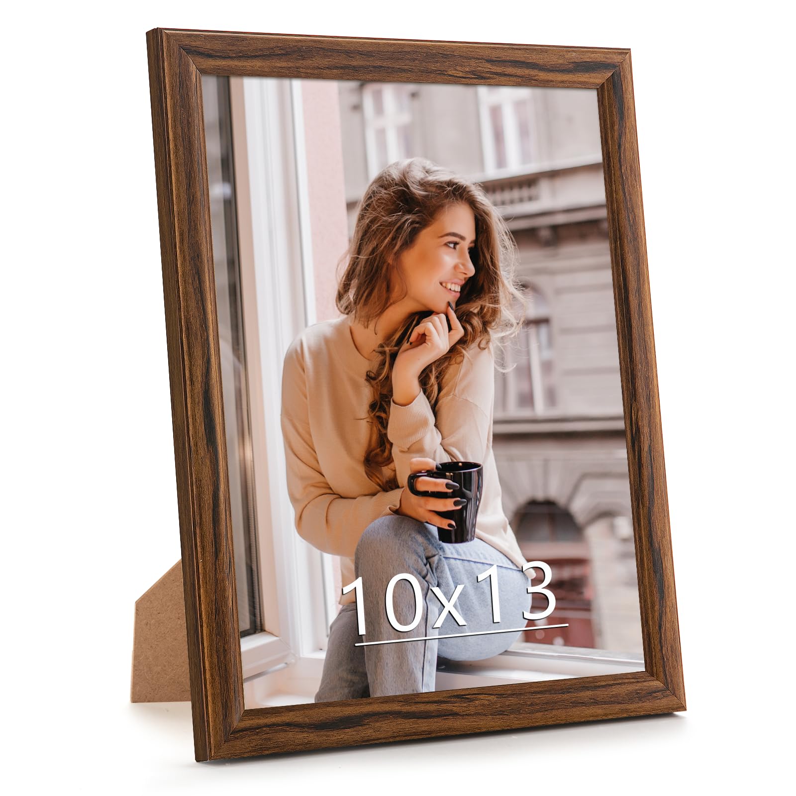 MOUDAMION 10x13 Wood Frame Brown, Natural Wooden 13x10in Picture Frames, Modern Golden 10 x 13inch Gallery Photo Pic Frame with HD Plexiglass, Horizontal Vertical Wall Mounting Tabletop Display 1Pcs