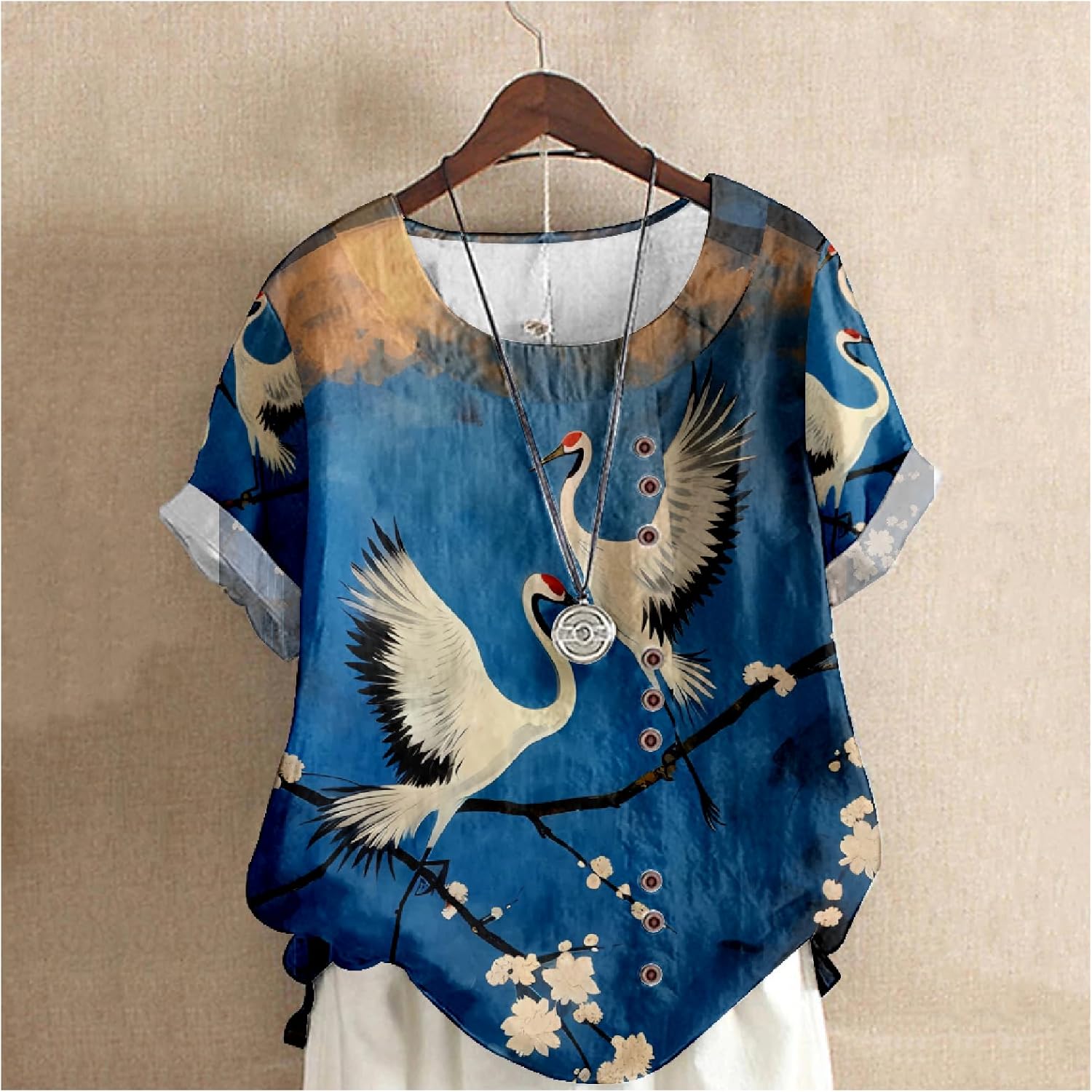Womens Linen Tops Summer Japanese Art Print Loose Short Sleeve Crewneck Shirts Floral Fashion Casual Blouses - Image 2