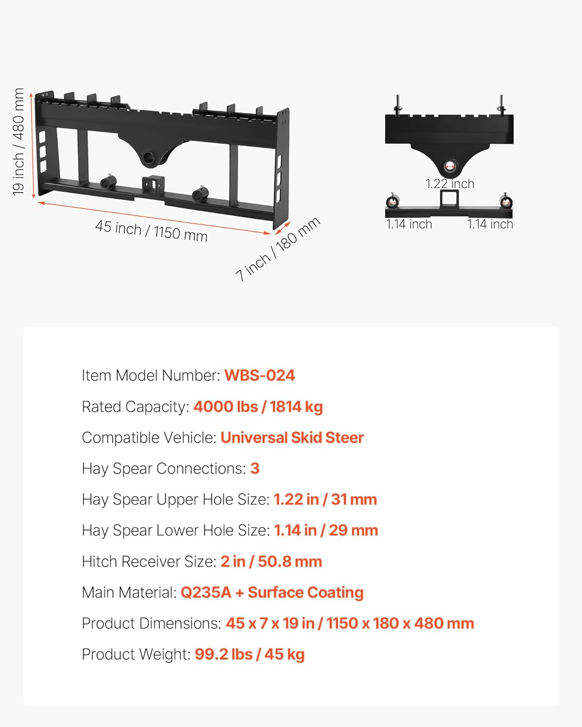 VEVOR Skid Steer Pallet Frame, 4000 lbs Rated Load Capacity, 45-inch Pallet Fork Frame Attachments with 2-inch Hitch Receiver & Spear Sleeves, Fit for Loaders Tractors Quick Attach Mount, Frame Only