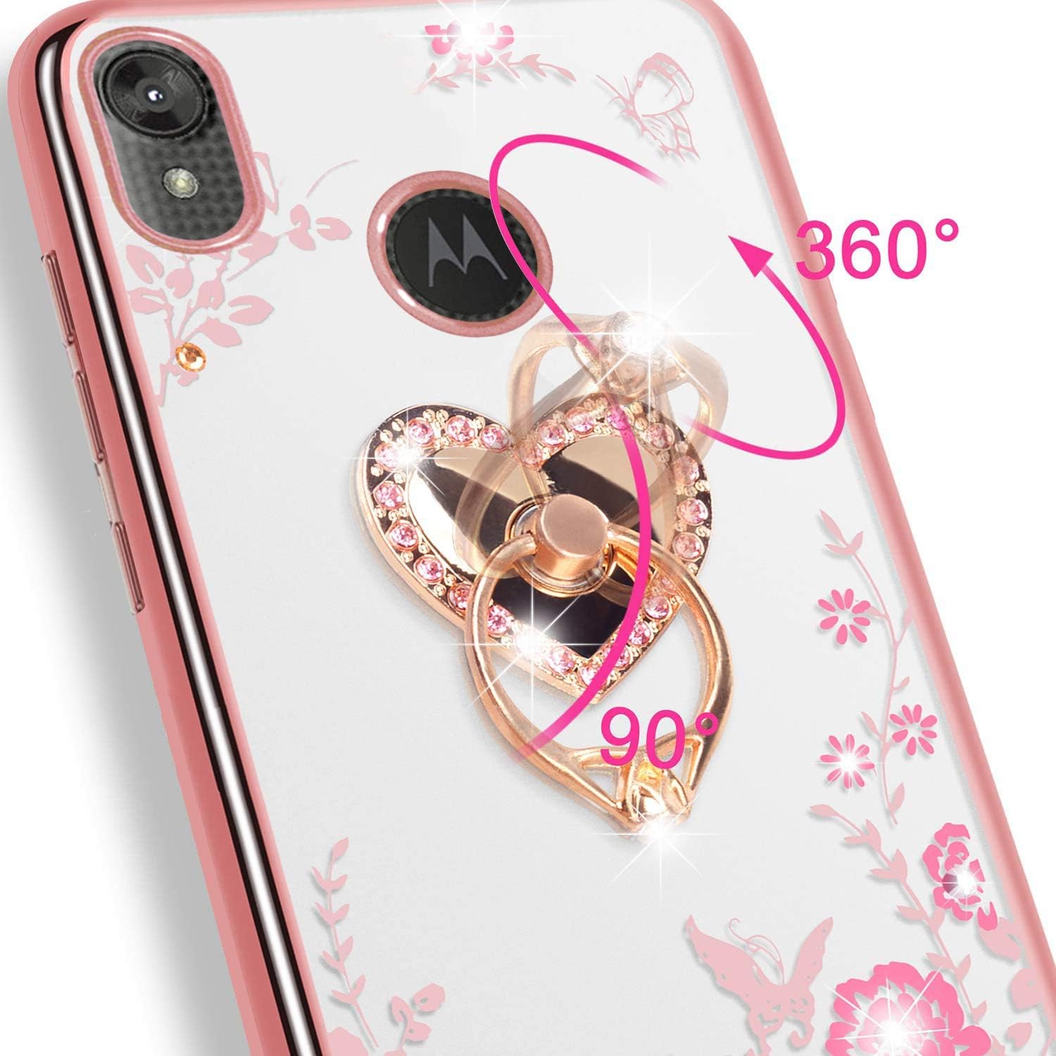 Moto E6 Case with Lanyard Neck Strap, Glitter Crystal Butterfly Heart Floral Series-Cute for Girls Women Soft TPU Protective Cover Clear Case with Ring Stand Holder for Motorola E6 - Rose Gold