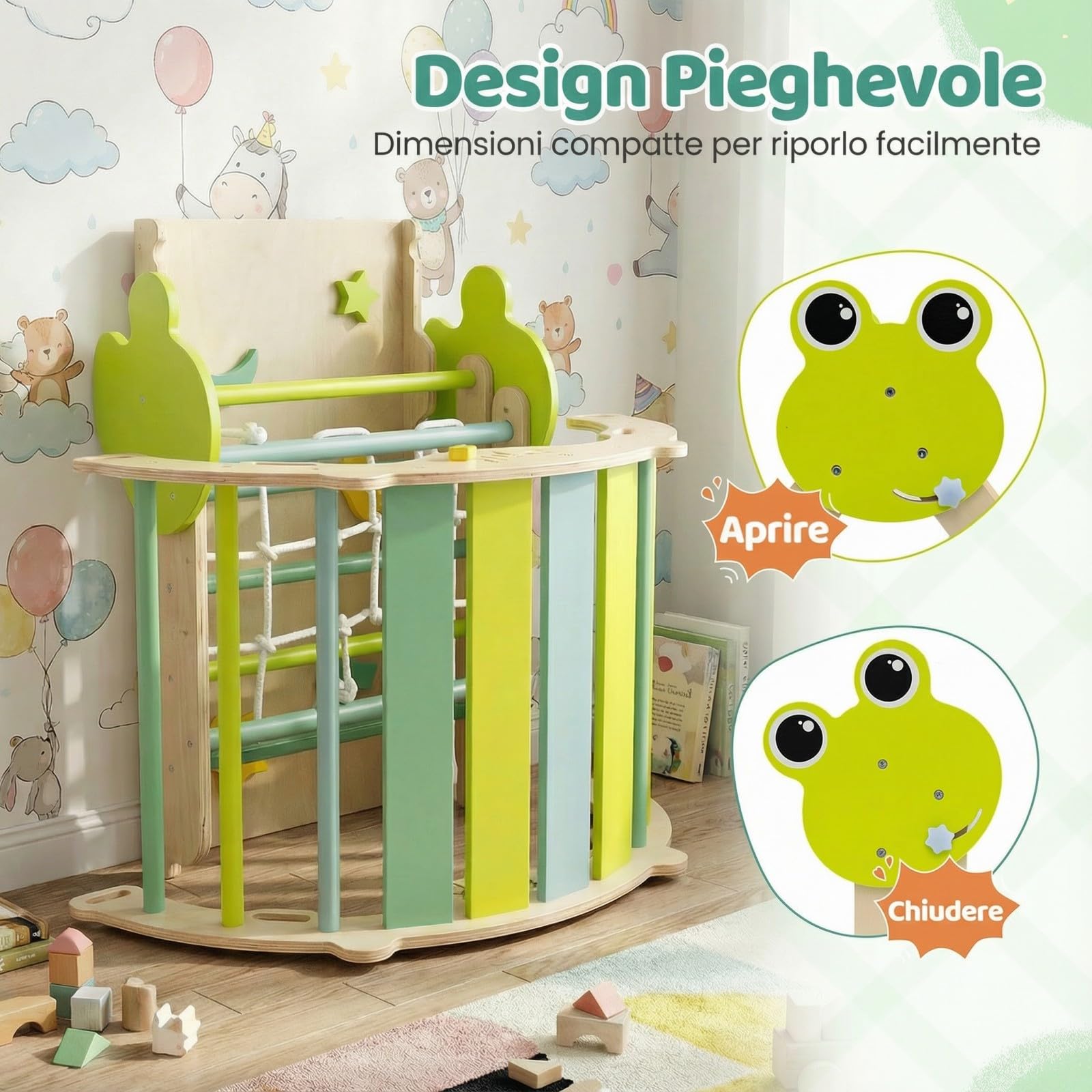 RELAX4LIFE Set da Arrampicata per Bambini, Triangolo di Arrampicata con Scivolo e Arco, Gioco di Incastri in Legno, Gioco Montessori per Bambini 1+ Anni (Rana con Rete-3 Pezzi | Verde)