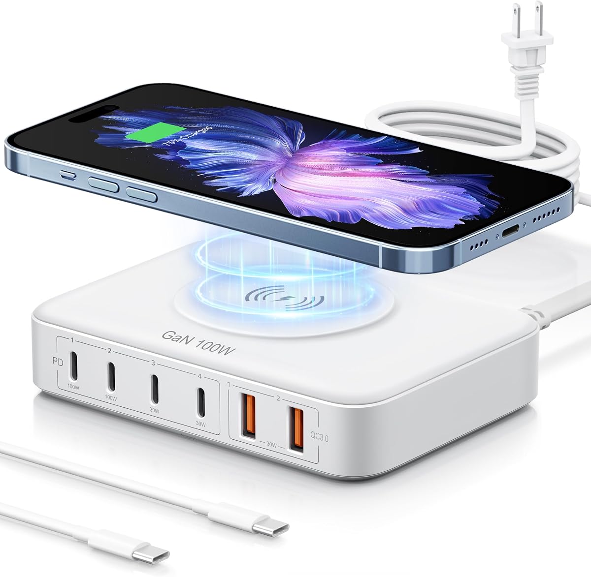 6-in-1 Desktop Charger - 100W USB with 15W Wireless, 2 USB A & 4 USB C Ports for iPhone, iPad, MacBook, Laptop, Samsung & Android Devices