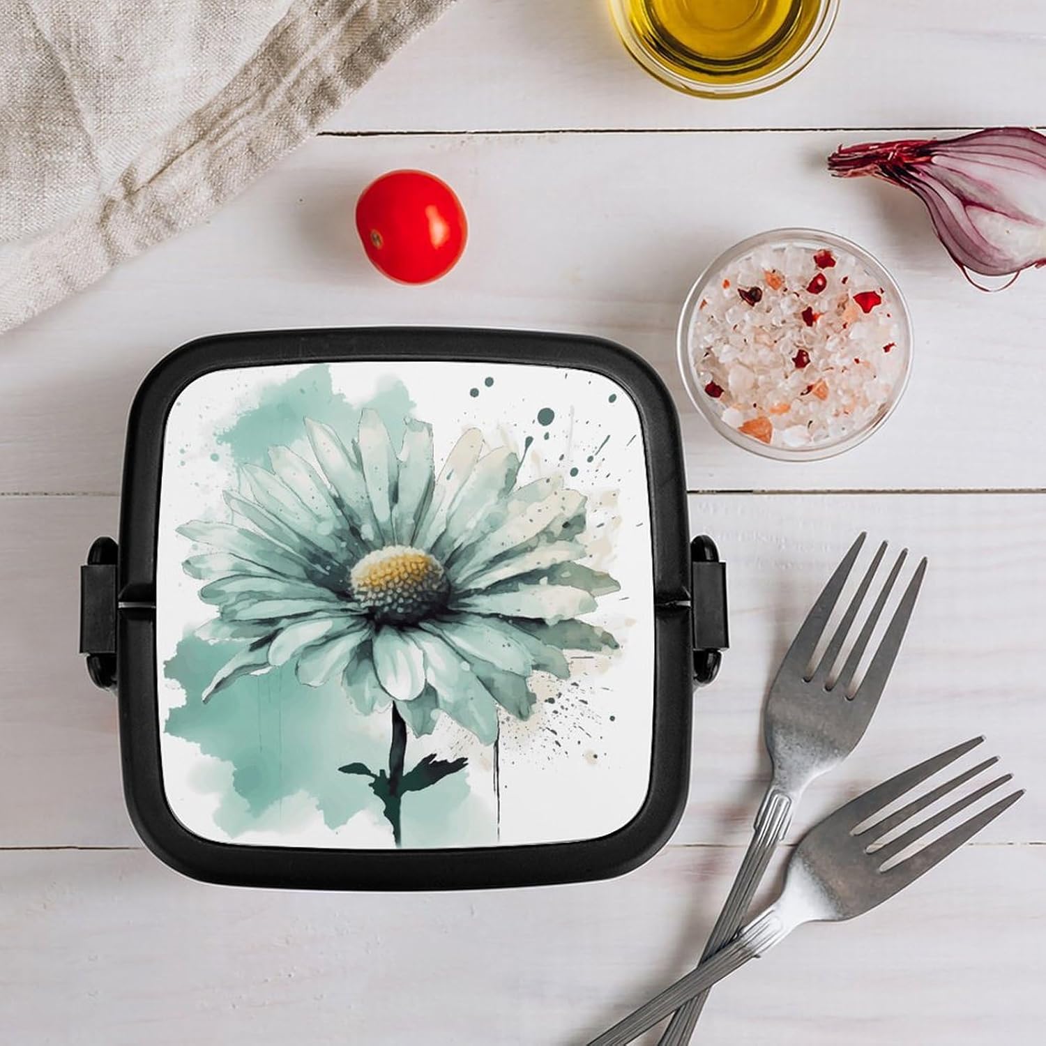 Adults Lunch Box Adult Bento Box Stackable Bento Box BPA-Free Mint Green Watercolor Daisy Lunch Box Food Container Ideal for Meal Prep, Work, And On The Go