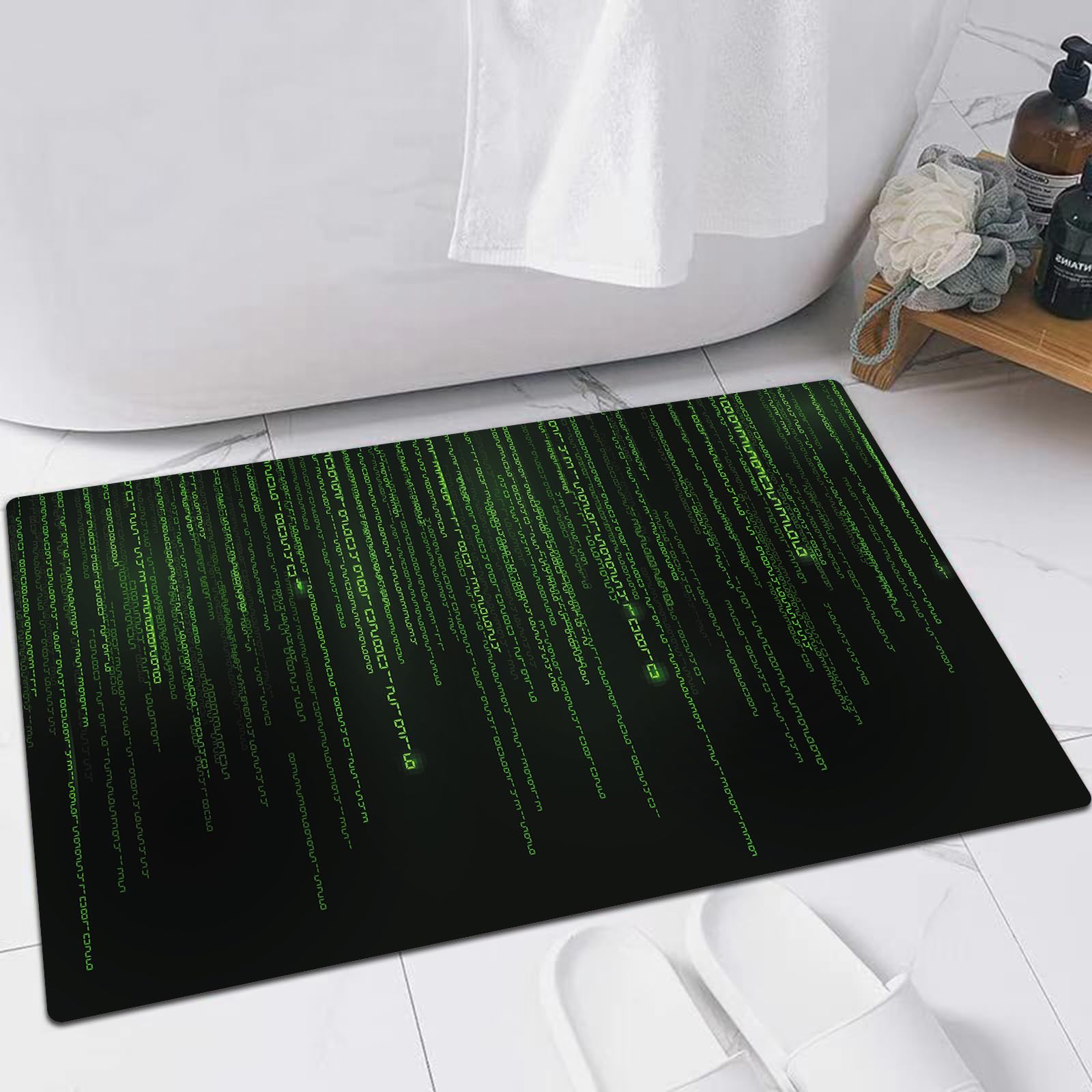EMFSLA Bath Mat 24x35 in,Technology binary code. Random falling green digits on screen. Hacked software. Ma,Non-Slip Bathroom Mat Machine-Washable,Ultra Soft and Water Absorbent Bath Rug for Bathroom