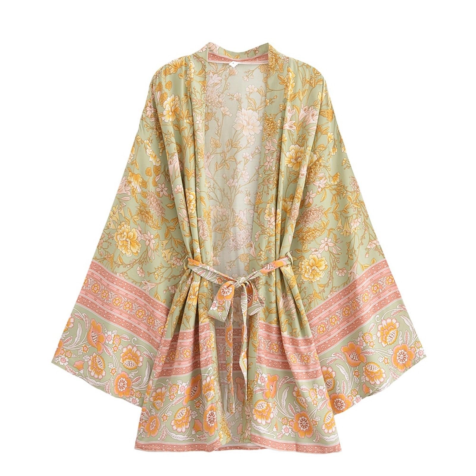 Generisch Costume da bagno corto da donna con stampa floreale multicolore, con fascia e scollo a V, maniche in rayon, bikini da spiaggia, taglie S/M/L/XL