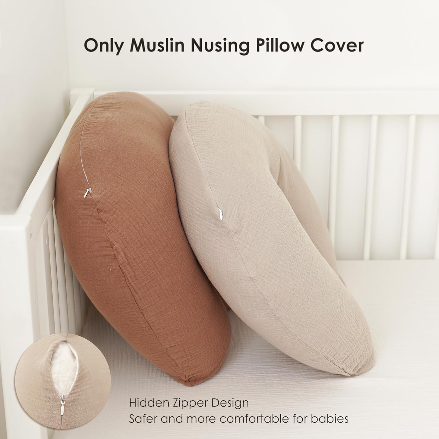 MairMore 2-Pack Muslin Nursing Pillow Covers, Breathable 100% Cotton Breastfeeding Pillow Slipcovers for Standard Nursing Pillows, Soft Covers for Baby Girls and Boys with Zipper