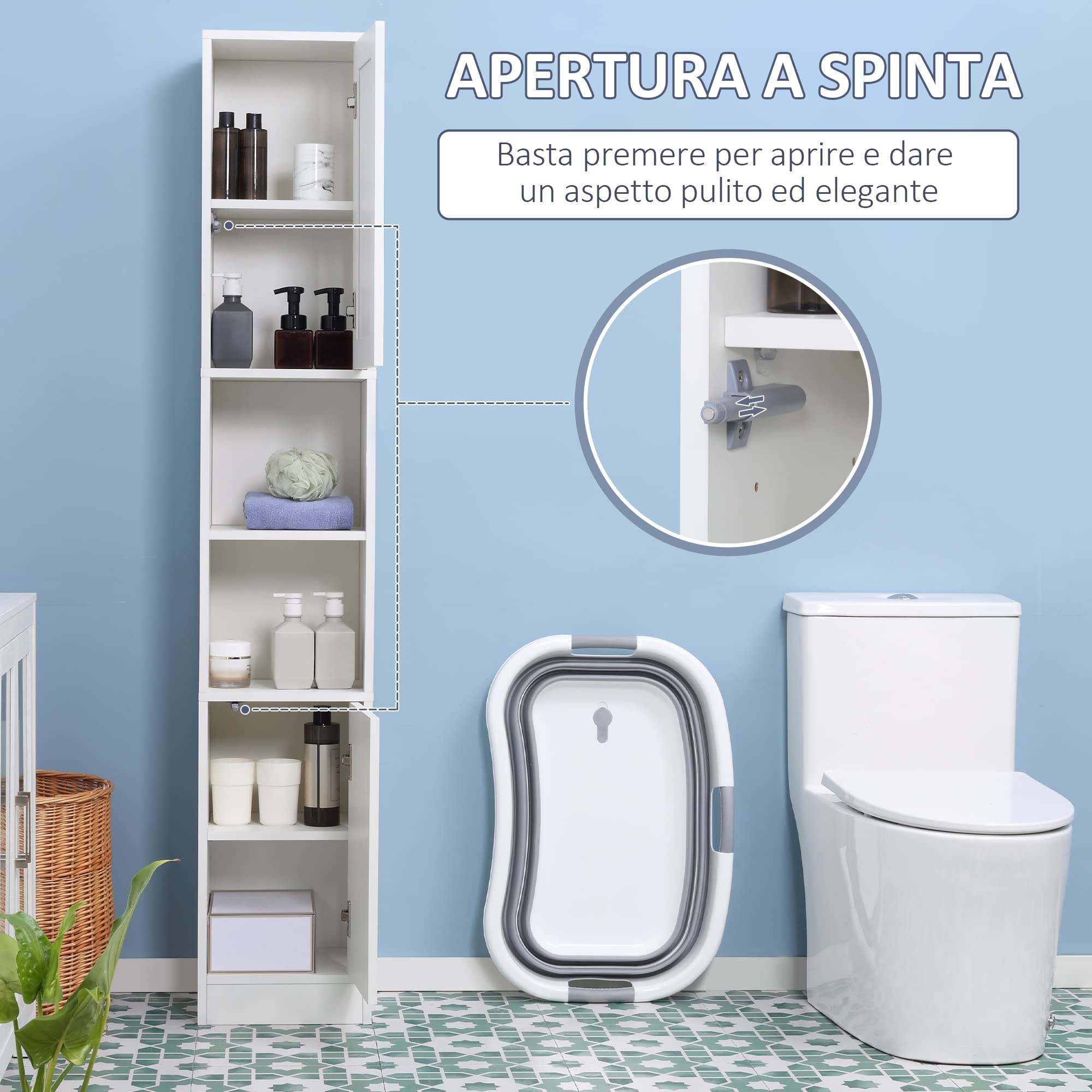 kleankin Colonna Bagno Salvaspazio con Specchio e Apertura a Pressione, Mobile da Bagno Multiuso in Legno, 30x28x170cm, Bianco