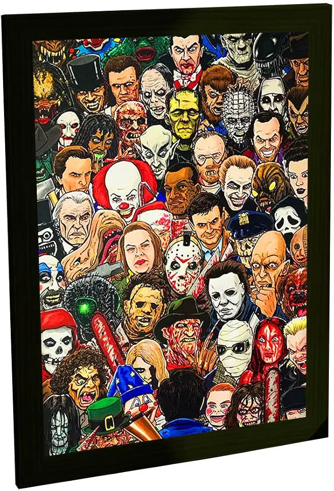 Quadro Decorativo Colagem Vilões Terror Horror Clássicos Geek Cinema Filmes Sala Quarto Escritório Decoração Poster