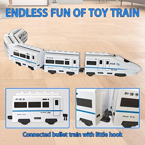 Miniatura 7 de OTONOPI Juego de tren de juguete, paquete de 5 tren eléctrico bala con luz y sonido, motor de locomotora de metro a pilas con gancho, juguete