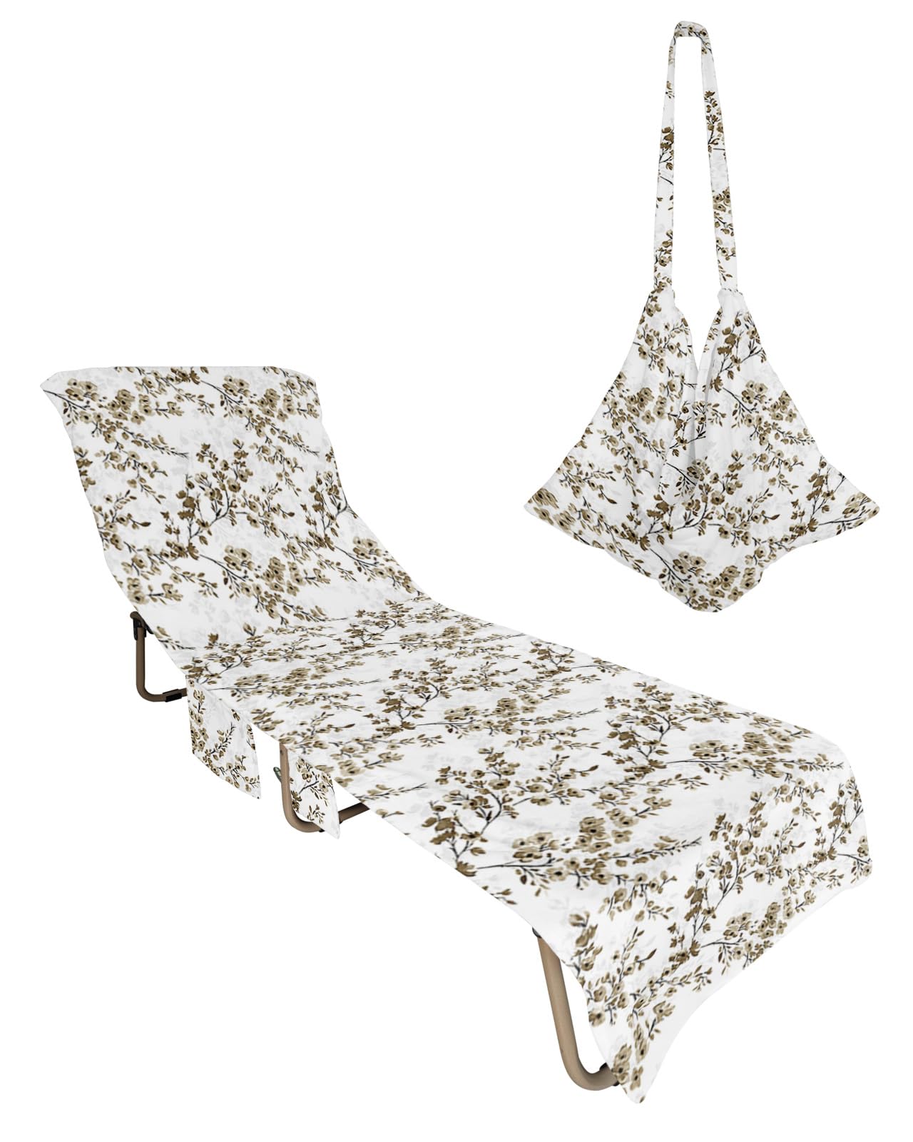 Farmhouse Flower, Beach Lounge Chair Towel Cover, Soft Chaise Lounge Towel with Side Pockets Patio Pool Chairs Cover for Beach/Pool Sunbathing 29x85 Shabby Chic Leaves Watercolor Khaki