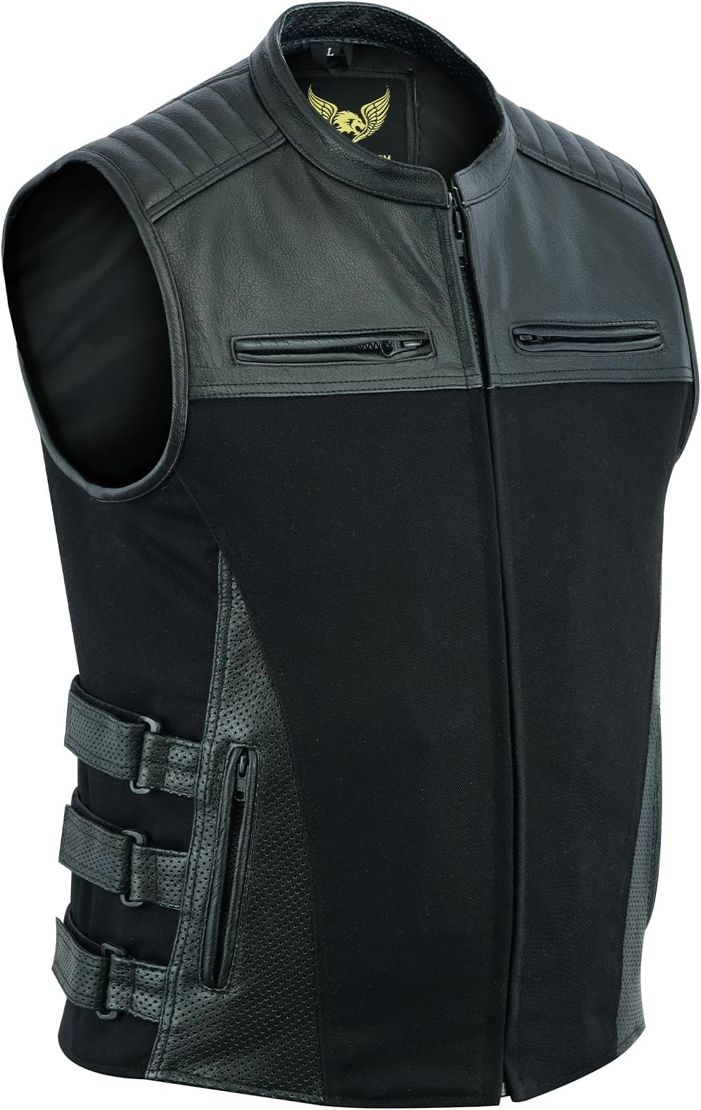 Men's Motorcycle Warrior Style Tactical Leather Waistcoats Biker Vests (L, Tactical Style (Denim & Leather))
