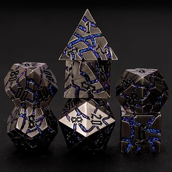 Cracked Rune Metal Dice Set for DND & RPG Dark Fantasy Fractured Design, Premium Heavy Metal Polyhedral Dice with Deep Engraved Numbers, 7-Piece Set Purple Arcane Vein