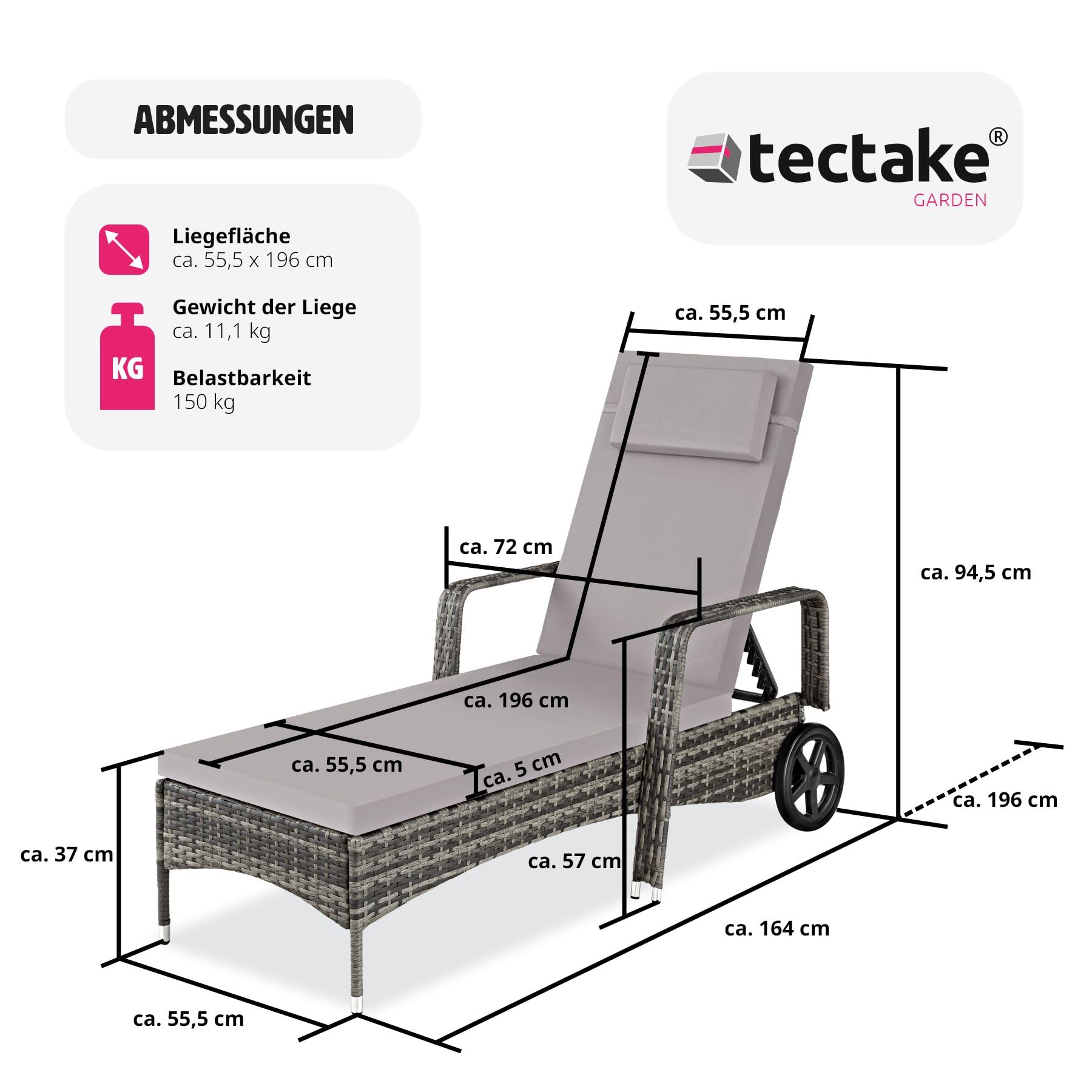 tectake® Aluminium Rattan Sonnenliege mit Armlehne und Rollen, Outdoor Polyrattan Gartenliege mit 6-Fach höhenverstellbarer Rückenlehne (bis 150 kg), Balkon Möbel oder Garten Möbel - grau