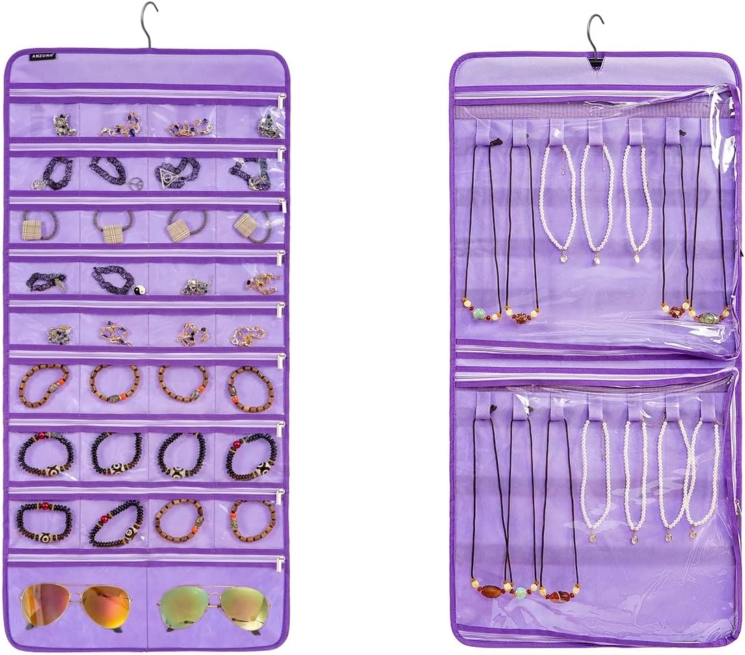 Dual-sided Hanging Jewelry Organizer Necklace Holder Jewelries Storage with 34 Zippered Pockets and 14 Dustproof Hook Loops (GREY)